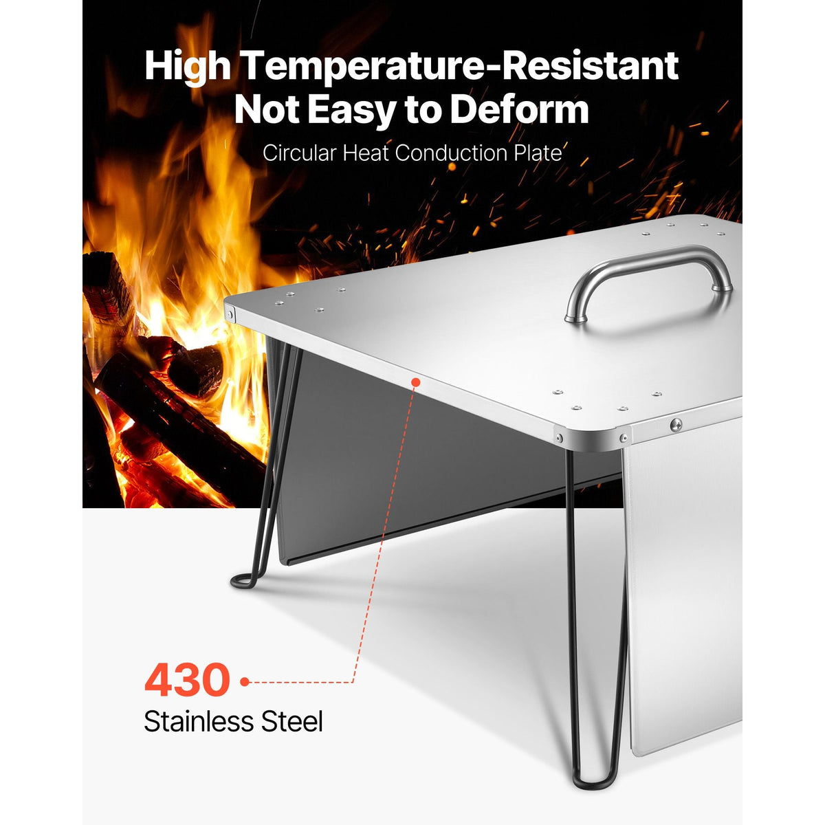 Fire Pit Heat Deflector, 25.4x25.4x14.6 inch Square Outdoor Burner Cover, Stainless Steel Bonfire Camping Wood Burning, Push Heat Down and Out with 4 Foldable Legs & Carrying Handle