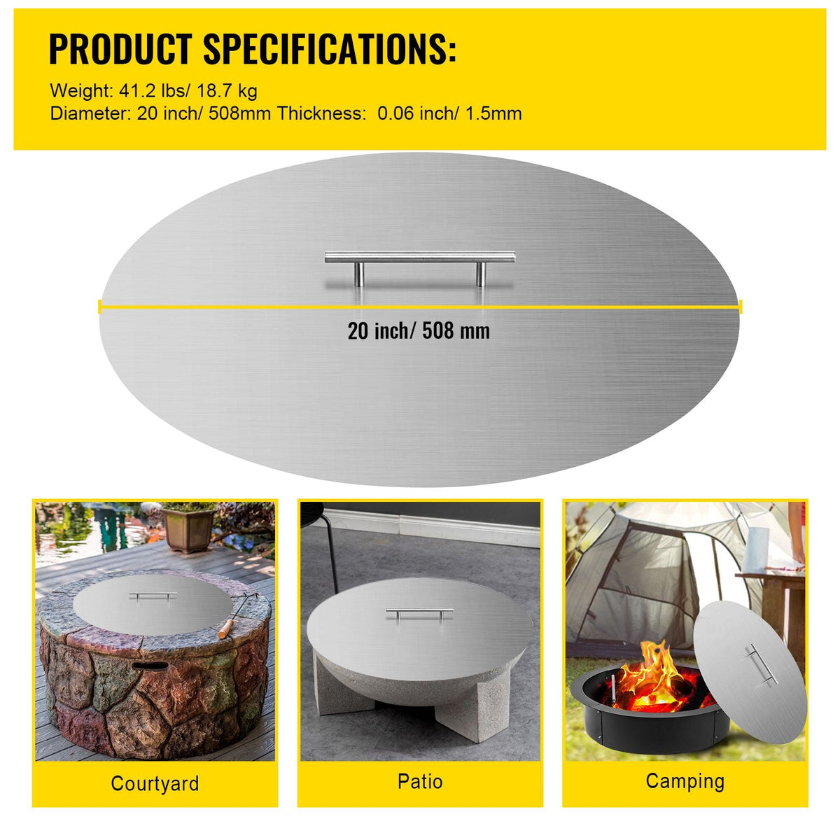 Fire Pit Lid Round 20 Inch Fire Pit Ring Lid 1.5 mm Thick 304 Stainless Steel Fire Pit Burner Cover for Round Patio Fire Pit