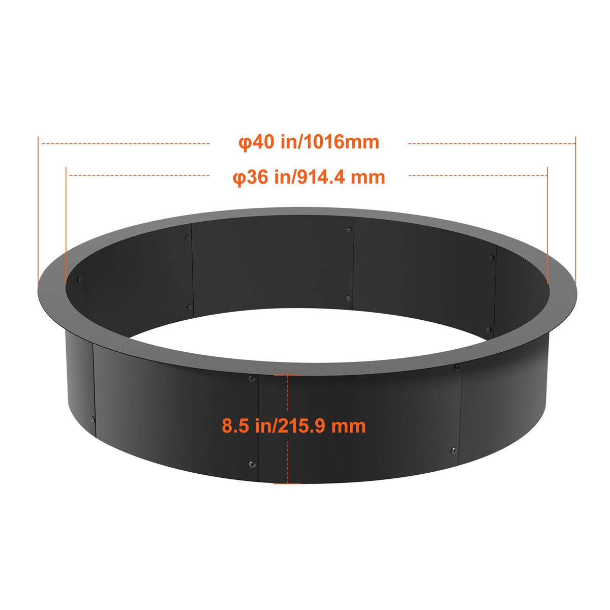 Fire Pit Ring, 40-Inch Outer/36-Inch Inner Diameter, 8.5inch Height Fire Pit Insert, Heavy Duty Carbon Steel Liner DIY Campfire Ring above or In-Ground, for Outdoor Camping, Bonfires