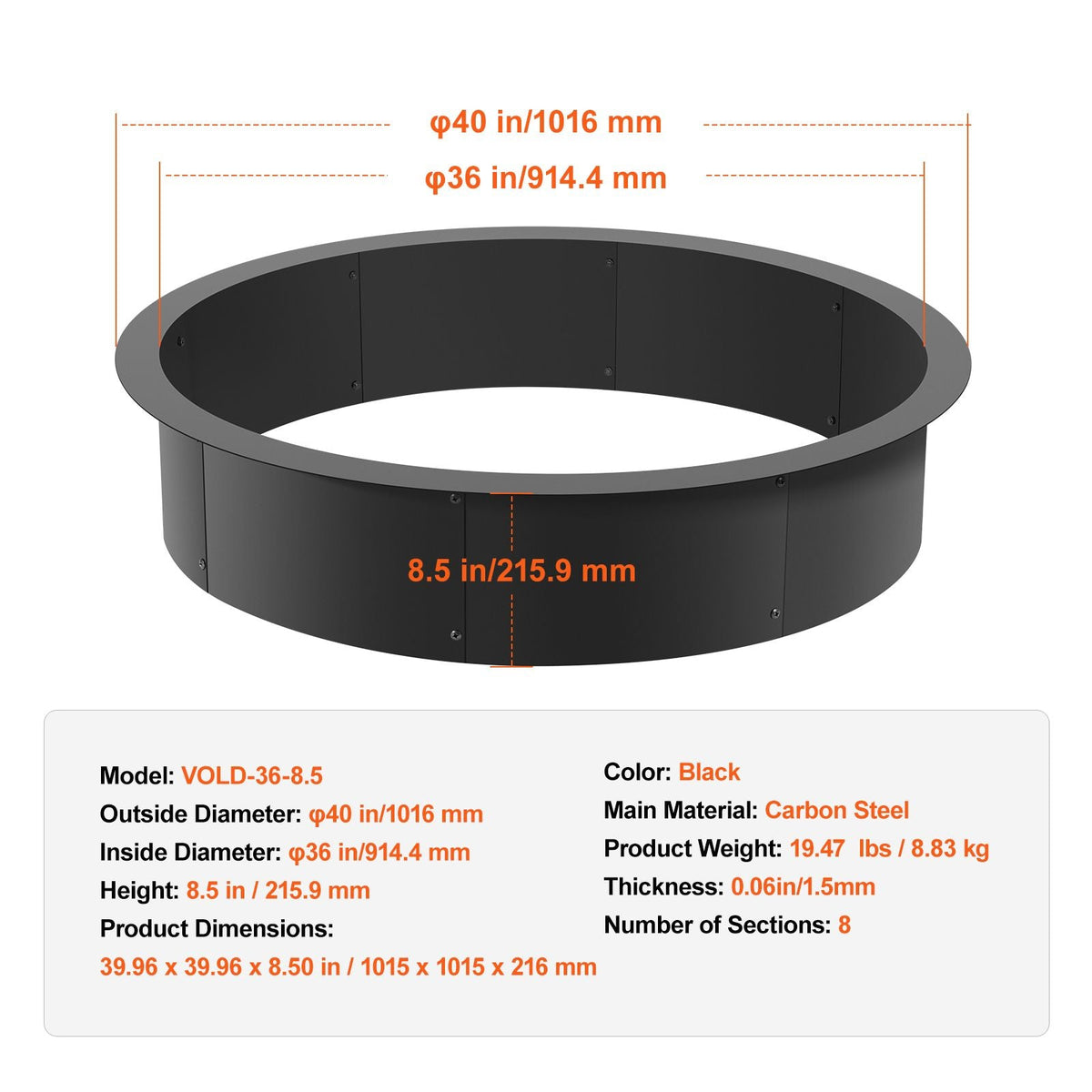 Fire Pit Ring, 40-Inch Outer/36-Inch Inner Diameter, 8.5inch Height Fire Pit Insert, Heavy Duty Carbon Steel Liner DIY Campfire Ring above or In-Ground, for Outdoor Camping, Bonfires