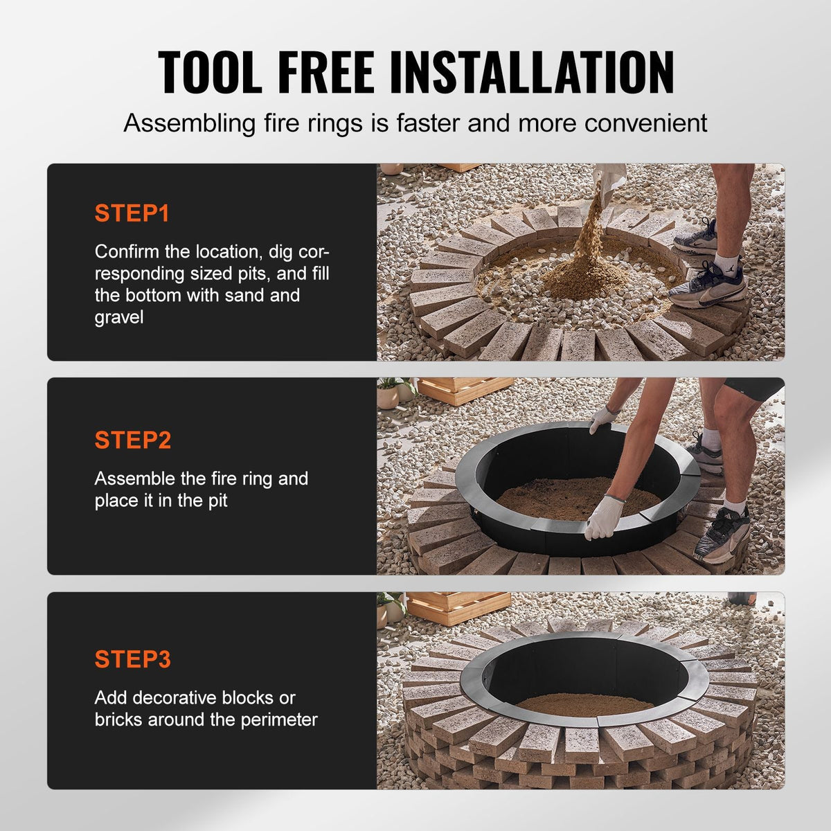 Fire Pit Ring, 44-Inch Outer/39-Inch Inner Diameter, 10inch Height 2.5mm Thick Fire Pit Insert, Heavy Duty Carbon Steel Liner DIY Campfire Ring above or In-Ground, for Outdoor Camping, Bonfires