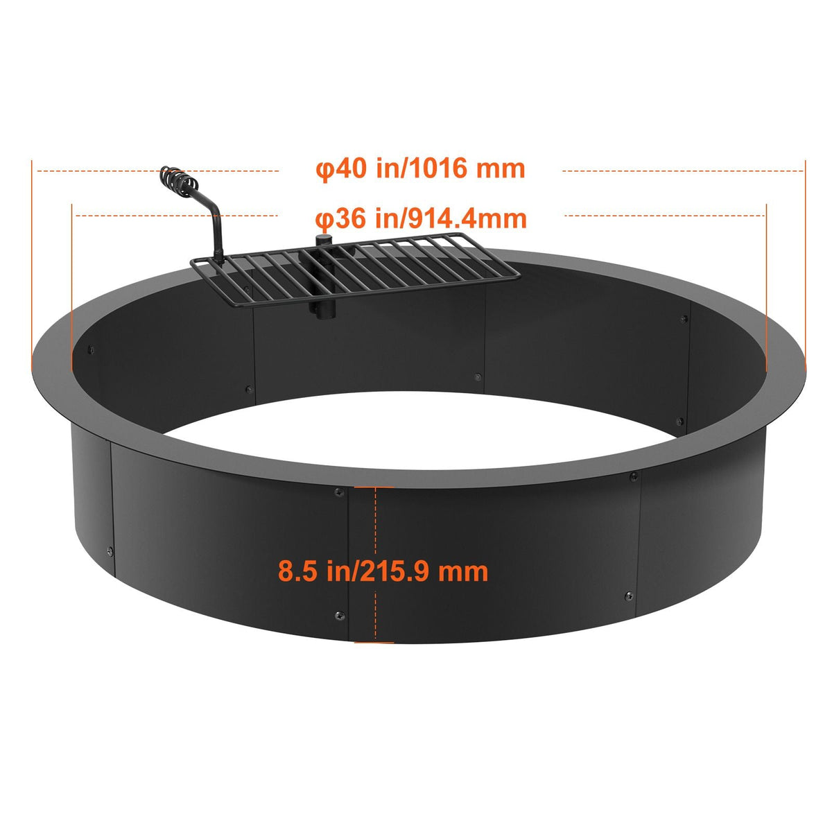 Fire Pit Ring, Fire Pit Insert with Barbecue Fire Ring, 40-In Outer/36-In Inner Diameter, 8.5in Height, Carbon Steel Liner DIY Campfire Ring above/In-Ground, for Outdoor Camping, Bonfires