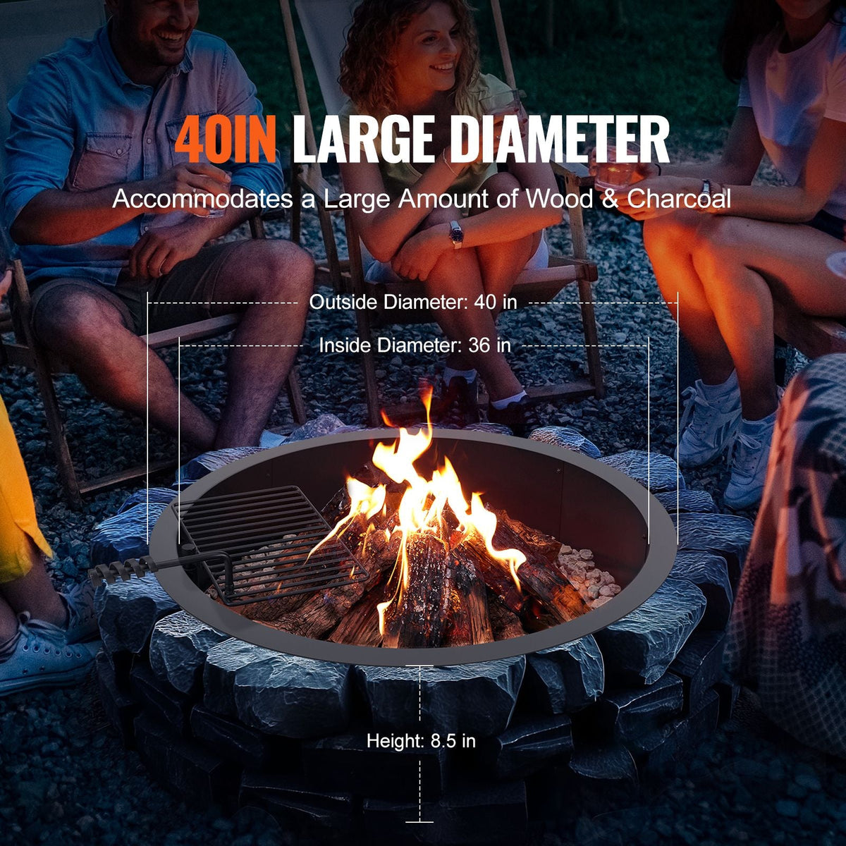 Fire Pit Ring, Fire Pit Insert with Barbecue Fire Ring, 40-In Outer/36-In Inner Diameter, 8.5in Height, Carbon Steel Liner DIY Campfire Ring above/In-Ground, for Outdoor Camping, Bonfires