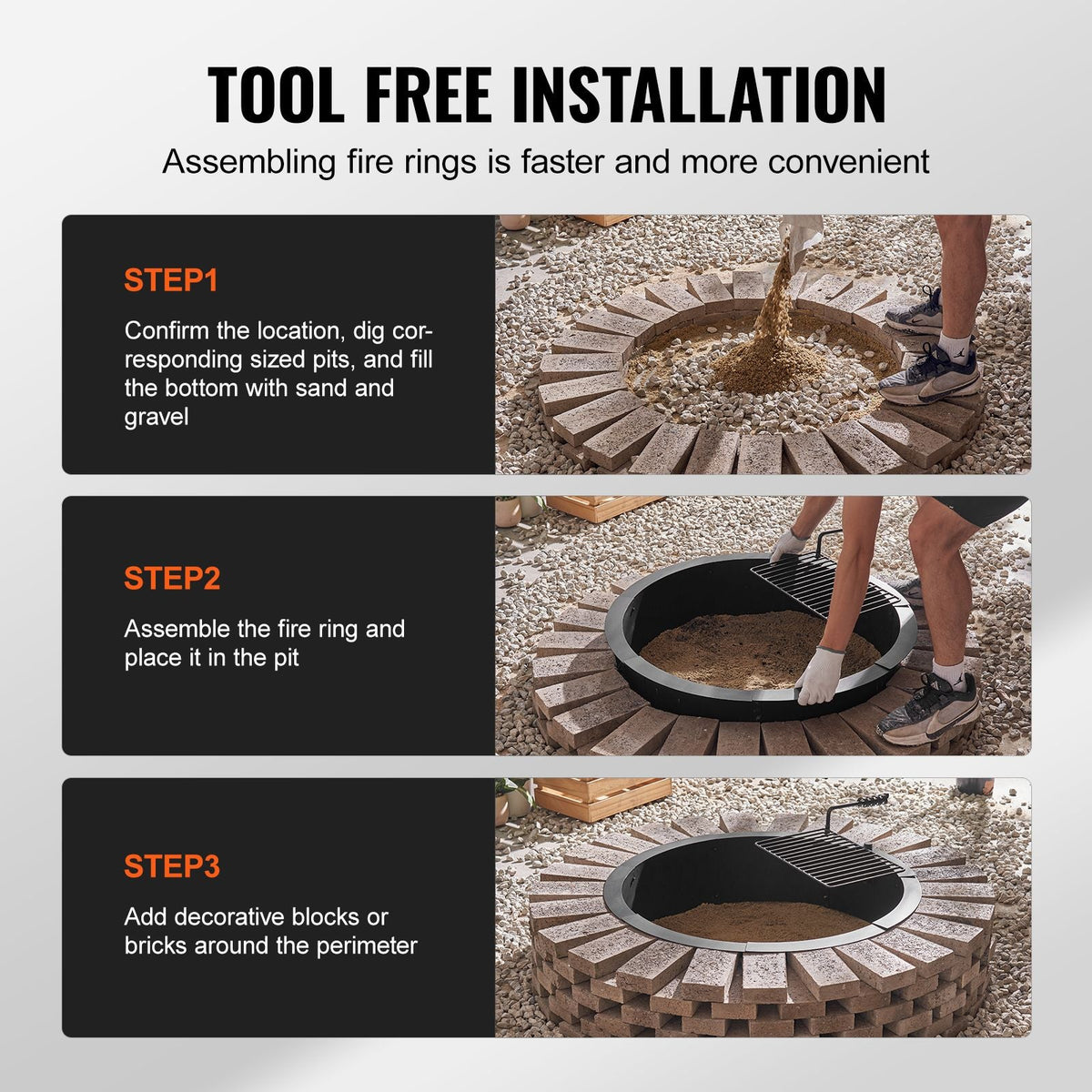 Fire Pit Ring, Fire Pit Insert with Barbecue Fire Ring, 40-In Outer/36-In Inner Diameter, 8.5in Height, Carbon Steel Liner DIY Campfire Ring above/In-Ground, for Outdoor Camping, Bonfires