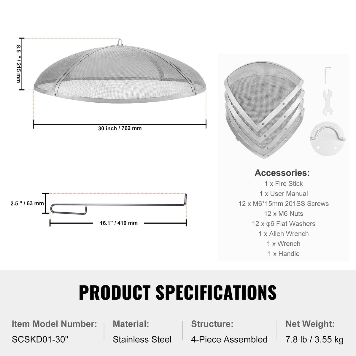 Fire Pit Spark Screen Round 30", Reinforced Heavy Duty Steel Metal Cover, Outdoor Firepit Lid, Easy-Opening Top Screen Covers Round with Ring Handle for Outdoor Patio Fire Pits Backyard