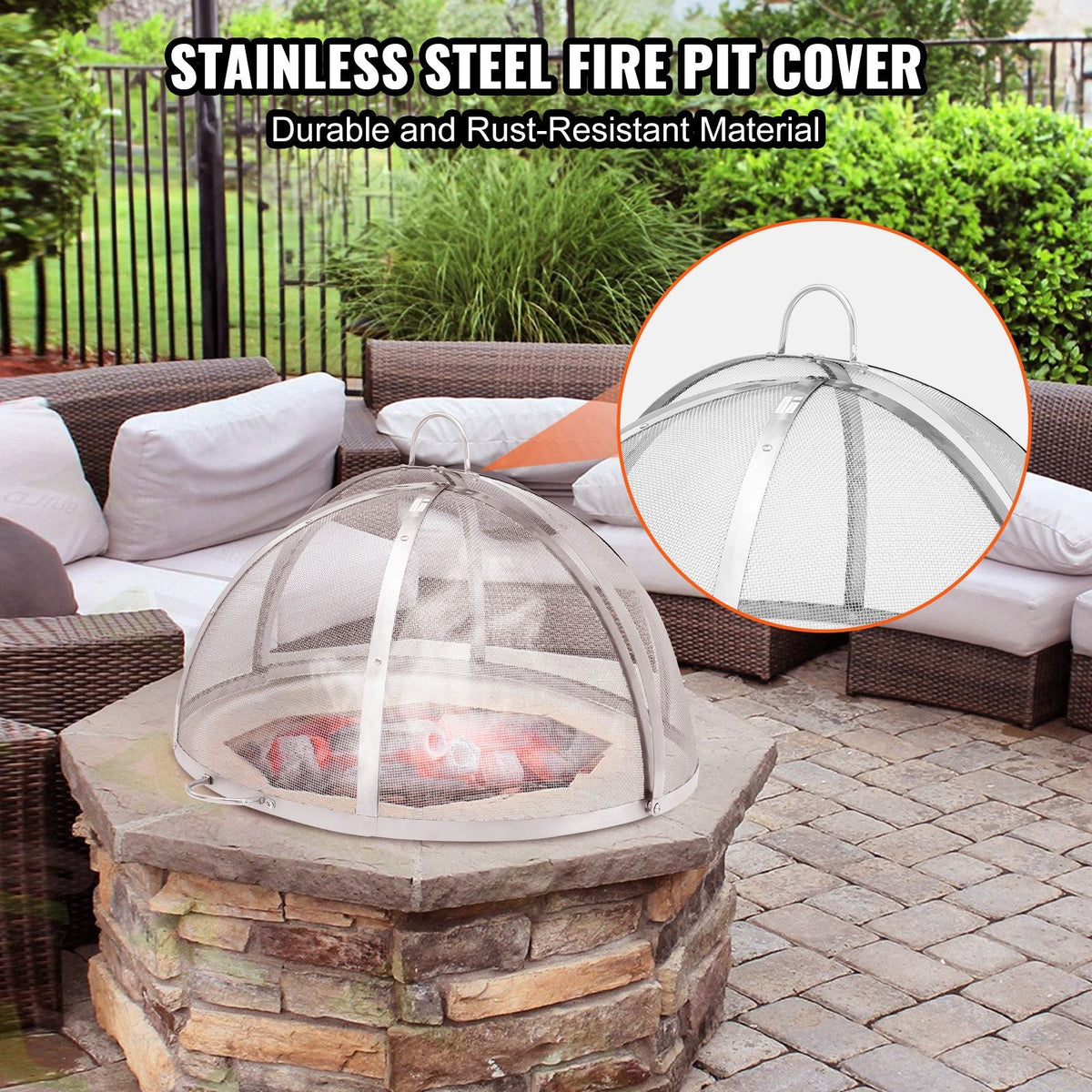 Fire Pit Spark Screen Round 36", Reinforced Heavy Duty Steel Metal Cover, Outdoor Firepit Lid, Easy-Opening Top Screen Covers Round with Ring Handle for Outdoor Patio Fire Pits Backyard