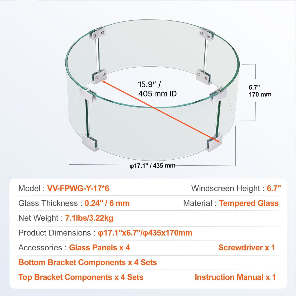 Fire Pit Wind Guard, 17 x 6.7 inch Round Glass Flame Shield, 0.24-Inch Thick Fire Table Accessory, Clear Tempered Glass Flame Guard for Propane, Gas, Outdoor, Patio, Backyard