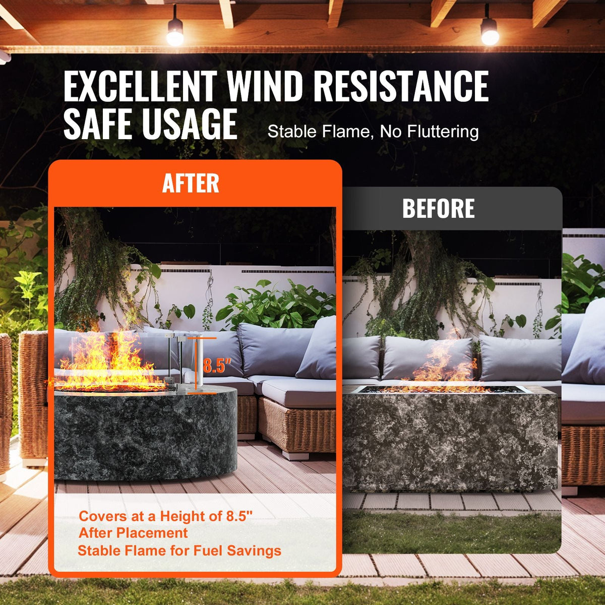Fire Pit Wind Guard, 26 x 26 x 6 Inch Glass Flame Guard, Round Glass Shield, 1/4-Inch Thick Fire Table, Clear Tempered Glass Flame Guard, Aluminum Alloy Feet for Propane, Gas, Outdoor