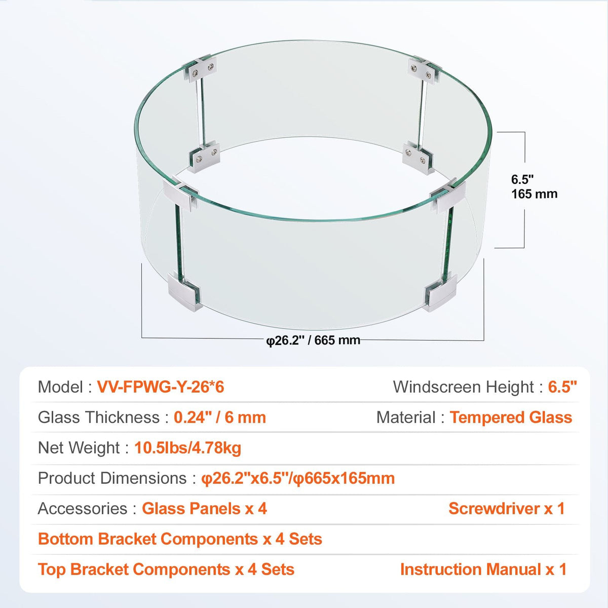 Fire Pit Wind Guard, 26 x 26 x 6 Inch Glass Flame Guard, Round Glass Shield, 1/4-Inch Thick Fire Table, Clear Tempered Glass Flame Guard, Aluminum Alloy Feet for Propane, Gas, Outdoor