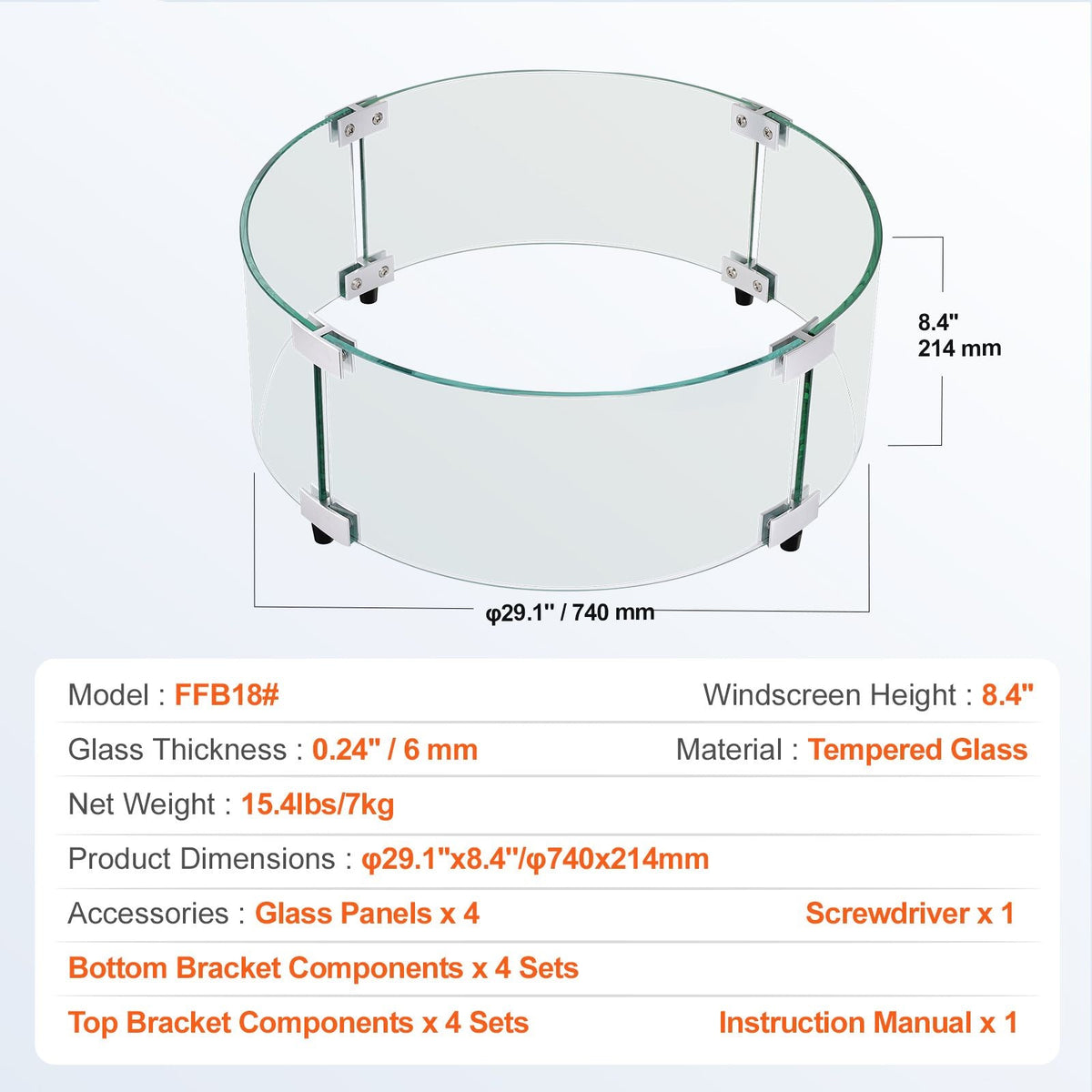 Fire Pit Wind Guard, 29 x 8 inch Round Glass Flame Shield, 0.24-Inch Thick Fire Table Accessory, Clear Tempered Glass Flame Guard for Propane, Gas, Outdoor, Patio, Backyard