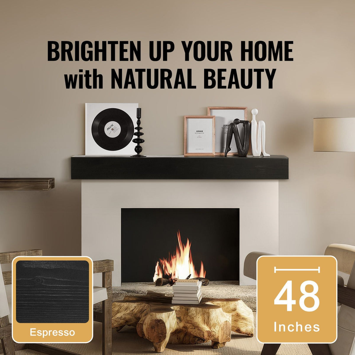 Fireplace Mantel, 48" x 8" x 5", 50 lbs Weight Capacity, Natural Wood Mantel for Over Fireplace, Wall Mounted Floating Farmhouse Shelf, Handcrafted Fireplace Mantel for Wall Decor, Espresso