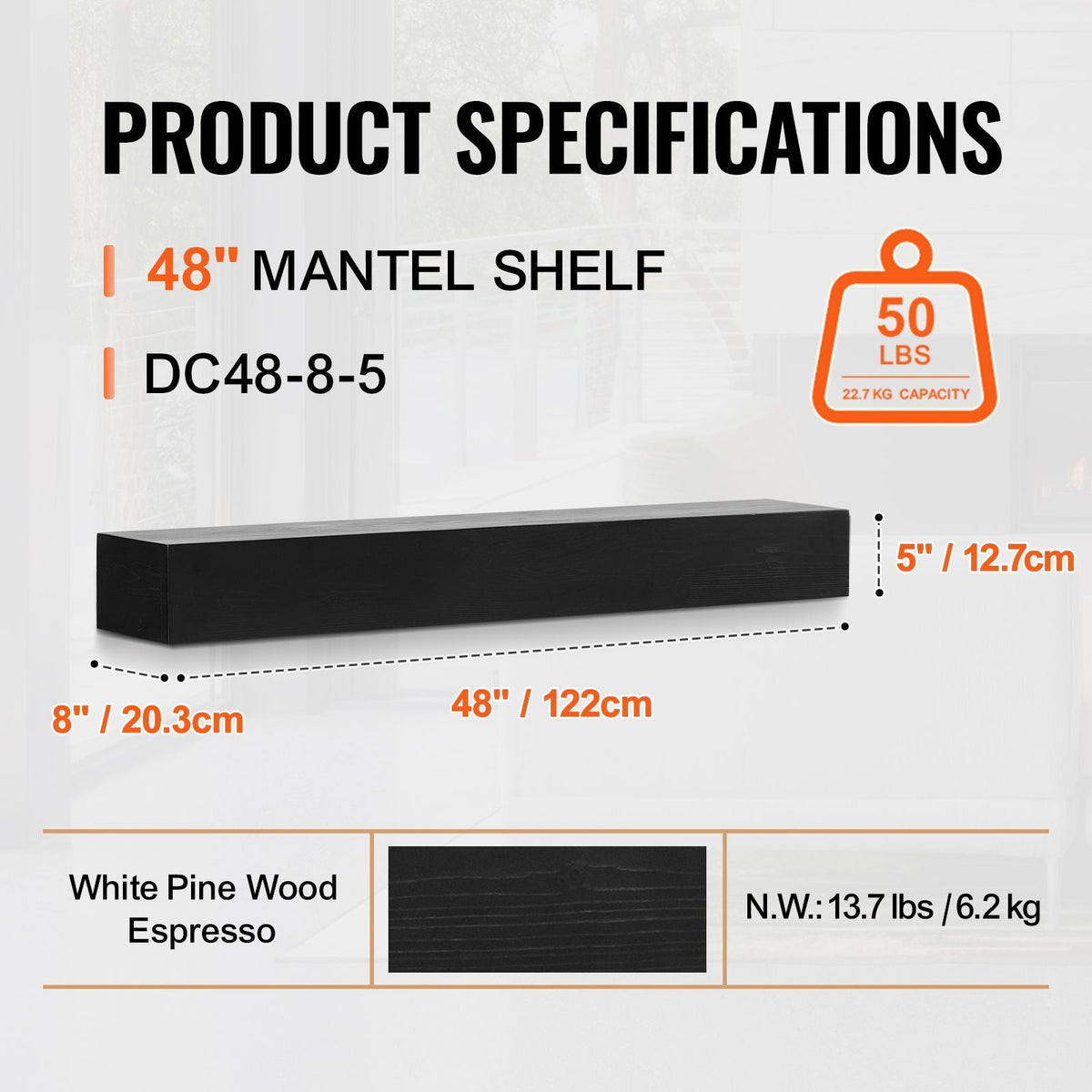 Fireplace Mantel, 48" x 8" x 5", 50 lbs Weight Capacity, Natural Wood Mantel for Over Fireplace, Wall Mounted Floating Farmhouse Shelf, Handcrafted Fireplace Mantel for Wall Decor, Espresso