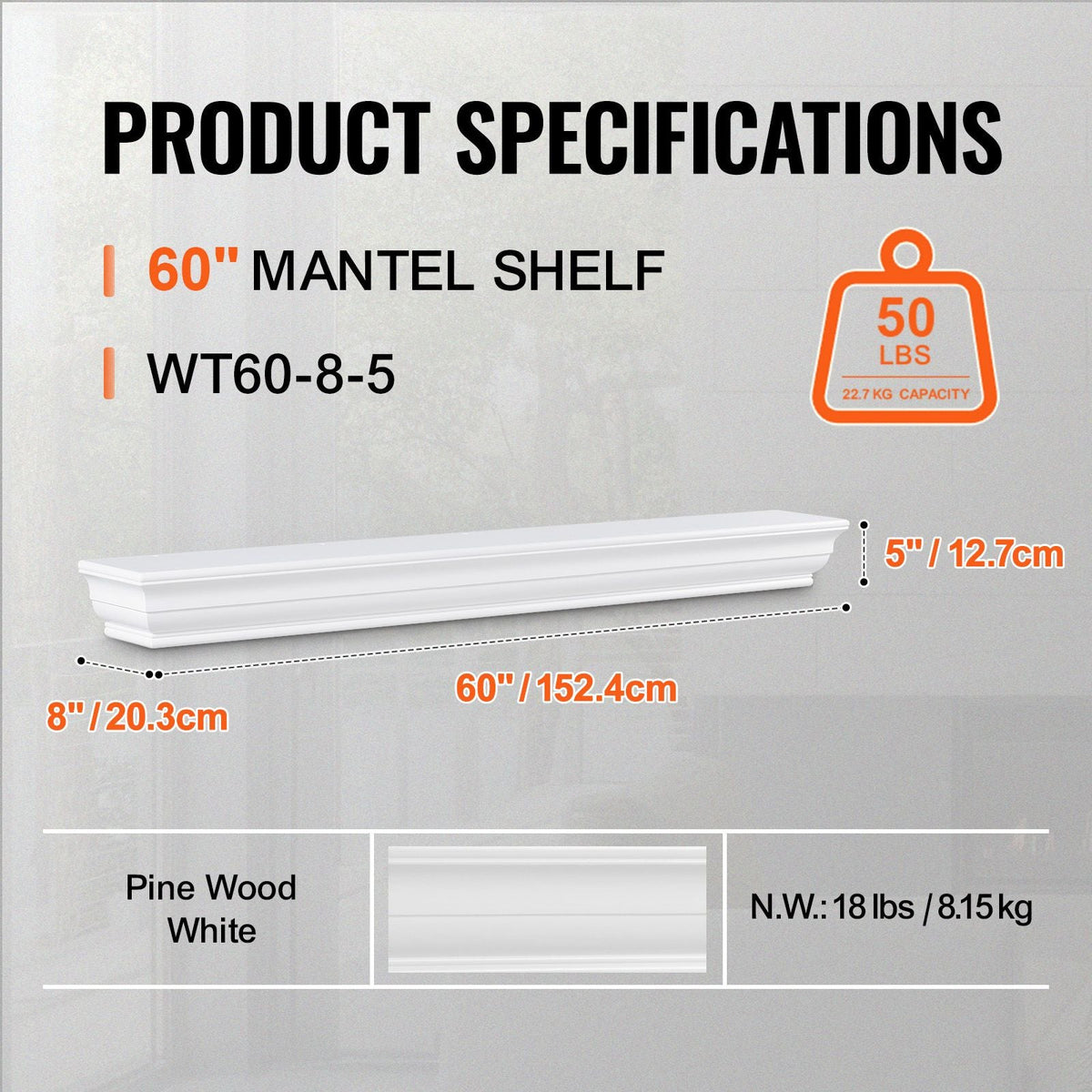 Fireplace Mantel, 60" x 8" x 5", 50 lbs Weight Capacity, Natural Wood Mantel for Over Fireplace, Wall Mounted Floating Farmhouse Shelf, Handcrafted Wood Fireplace Mantel for Wall Decor, White
