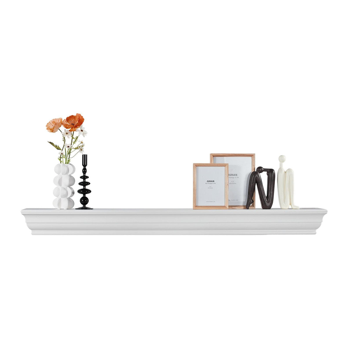 Fireplace Mantel, 60" x 8" x 5", 50 lbs Weight Capacity, Natural Wood Mantel for Over Fireplace, Wall Mounted Floating Farmhouse Shelf, Handcrafted Wood Fireplace Mantel for Wall Decor, White
