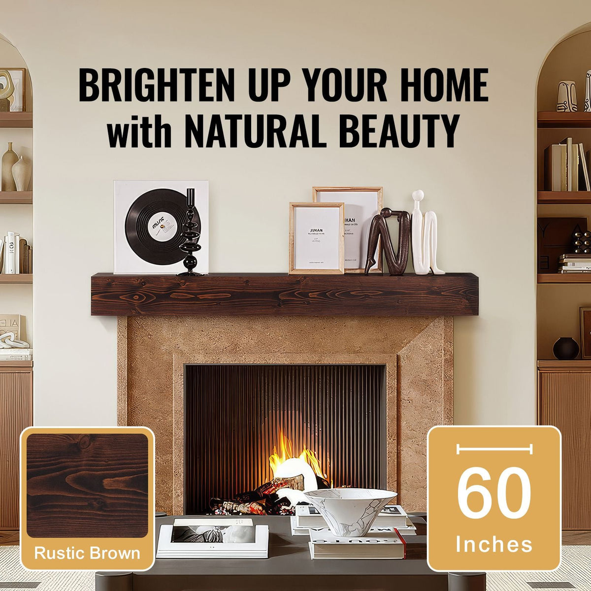 Fireplace Mantel, 60" x 8" x 6", 50 lbs Weight Capacity, Natural Wood Mantel for Over Fireplace, Wall Mounted Floating Farmhouse Shelf, Handcrafted Fireplace Mantel for Wall Decor, Rustic Brown