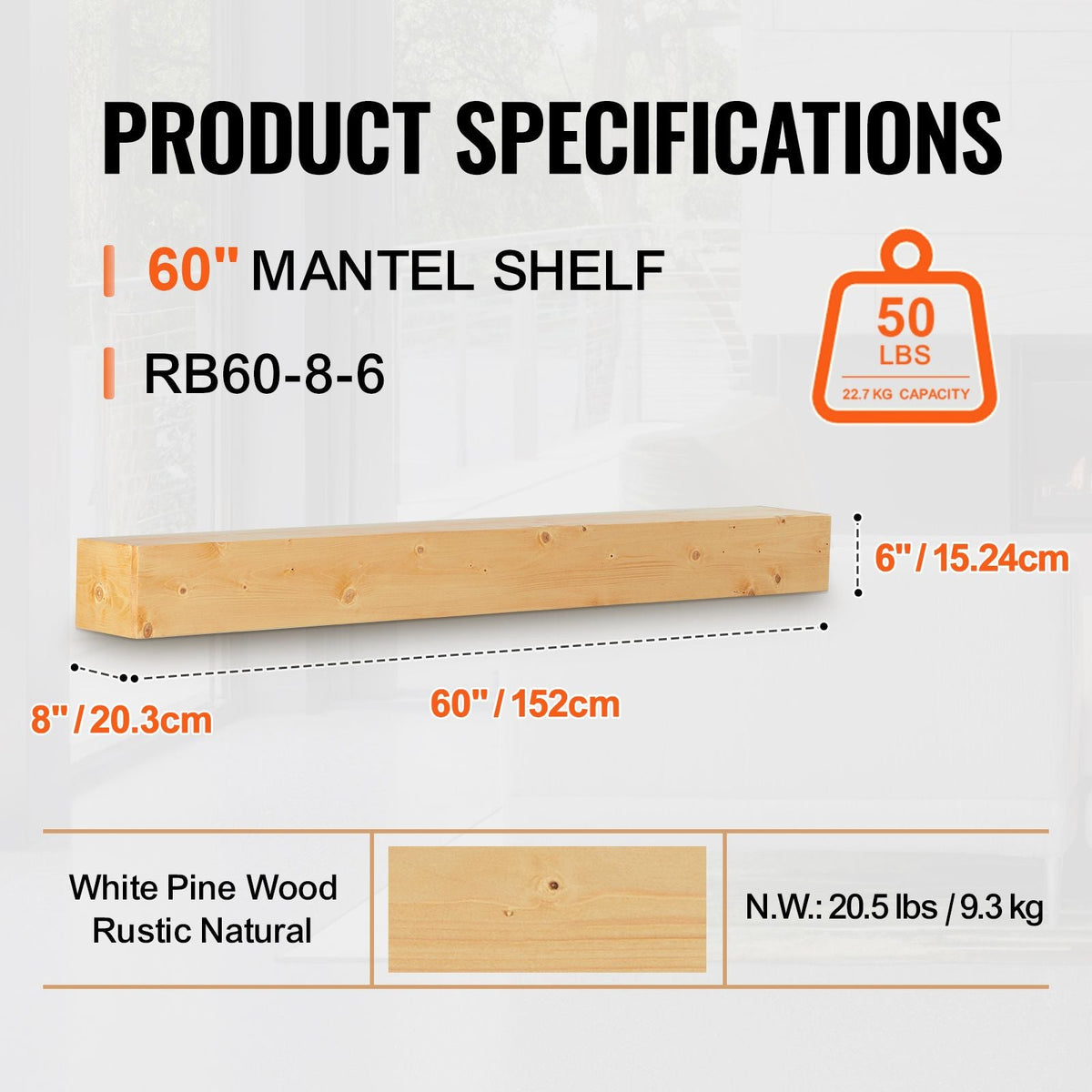 Fireplace Mantel, 60" x 8" x 6", 50 lbs Weight Capacity, Natural Wood Mantel for Over Fireplace, Wall Mounted Floating Farmhouse Shelf, Handcrafted Wood Mantel for Wall Decor, Rustic Natural