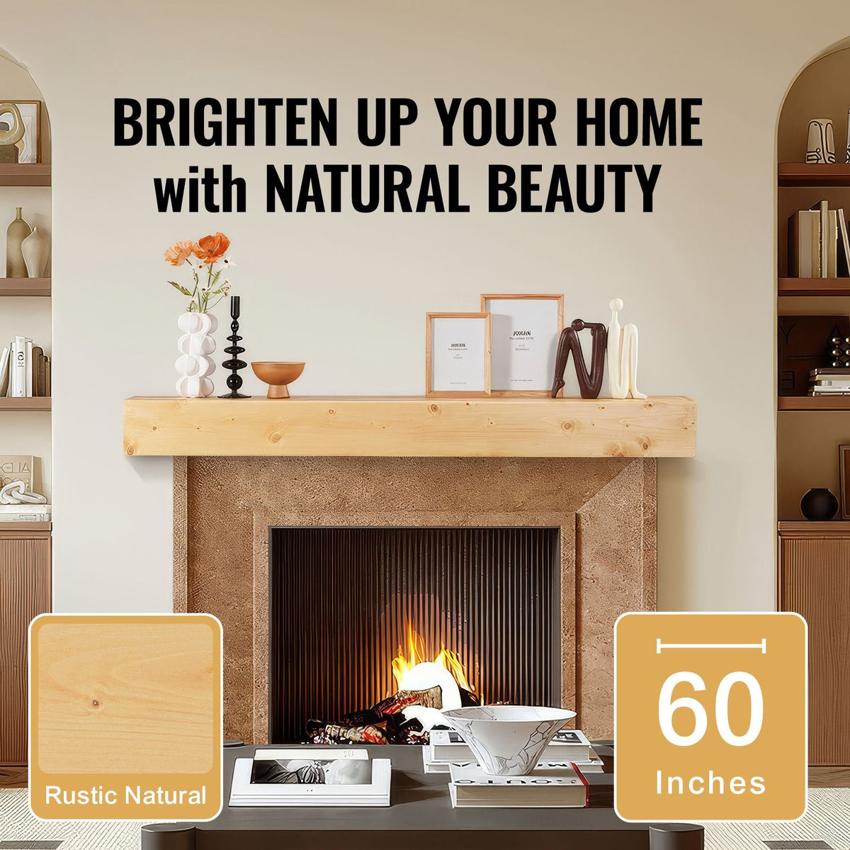 Fireplace Mantel, 60" x 8" x 6", 50 lbs Weight Capacity, Natural Wood Mantel for Over Fireplace, Wall Mounted Floating Farmhouse Shelf, Handcrafted Wood Mantel for Wall Decor, Rustic Natural
