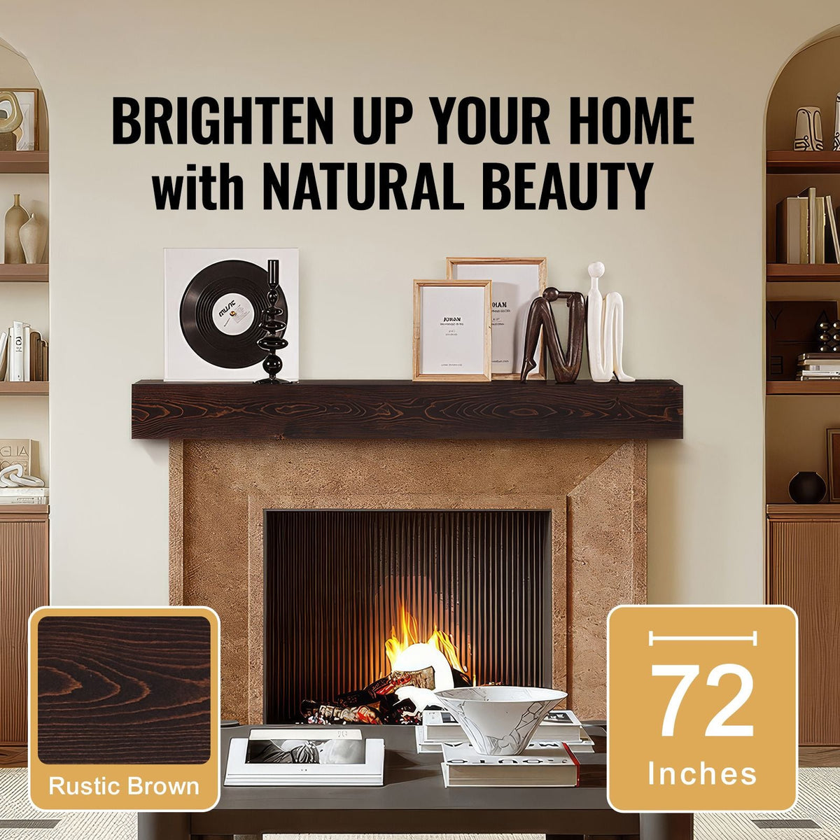 Fireplace Mantel, 72" x 8" x 5", 50 lbs Weight Capacity, Natural Wood Mantel for Over Fireplace, Wall Mounted Floating Farmhouse Shelf, Handcrafted Fireplace Mantel for Wall Decor, Rustic Brown