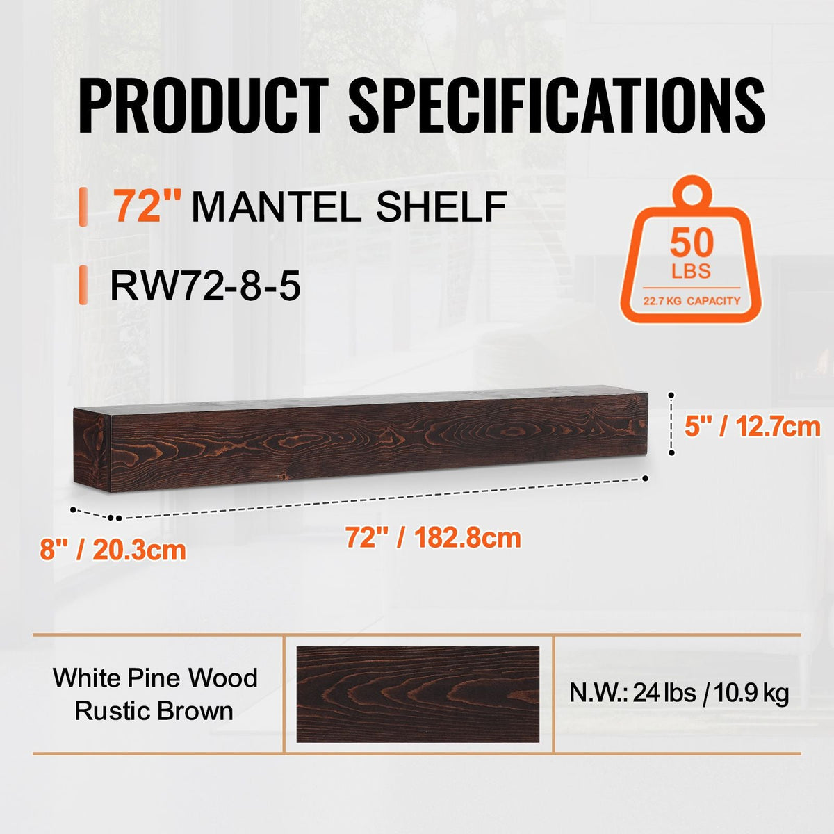 Fireplace Mantel, 72" x 8" x 5", 50 lbs Weight Capacity, Natural Wood Mantel for Over Fireplace, Wall Mounted Floating Farmhouse Shelf, Handcrafted Fireplace Mantel for Wall Decor, Rustic Brown