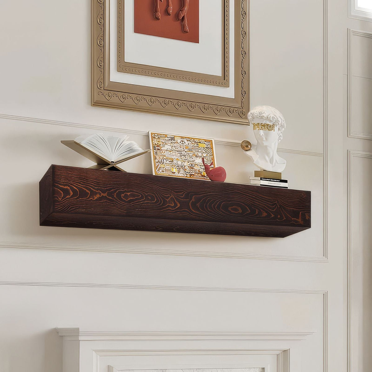 Fireplace Mantel, 72" x 8" x 5", 50 lbs Weight Capacity, Natural Wood Mantel for Over Fireplace, Wall Mounted Floating Farmhouse Shelf, Handcrafted Fireplace Mantel for Wall Decor, Rustic Brown