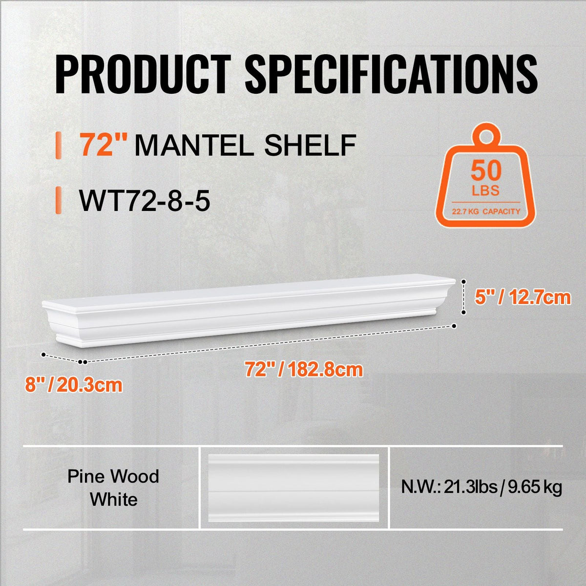 Fireplace Mantel, 72" x 8" x 5", 50 lbs Weight Capacity, Natural Wood Mantel for Over Fireplace, Wall Mounted Floating Farmhouse Shelf, Handcrafted Wood Fireplace Mantel for Wall Decor, White