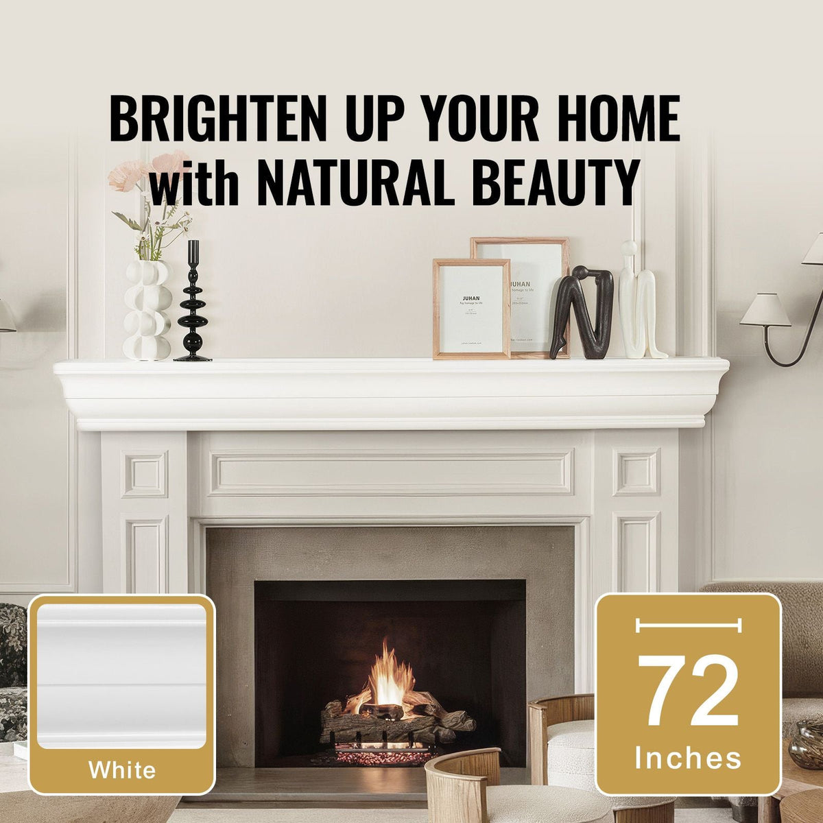 Fireplace Mantel, 72" x 8" x 5", 50 lbs Weight Capacity, Natural Wood Mantel for Over Fireplace, Wall Mounted Floating Farmhouse Shelf, Handcrafted Wood Fireplace Mantel for Wall Decor, White