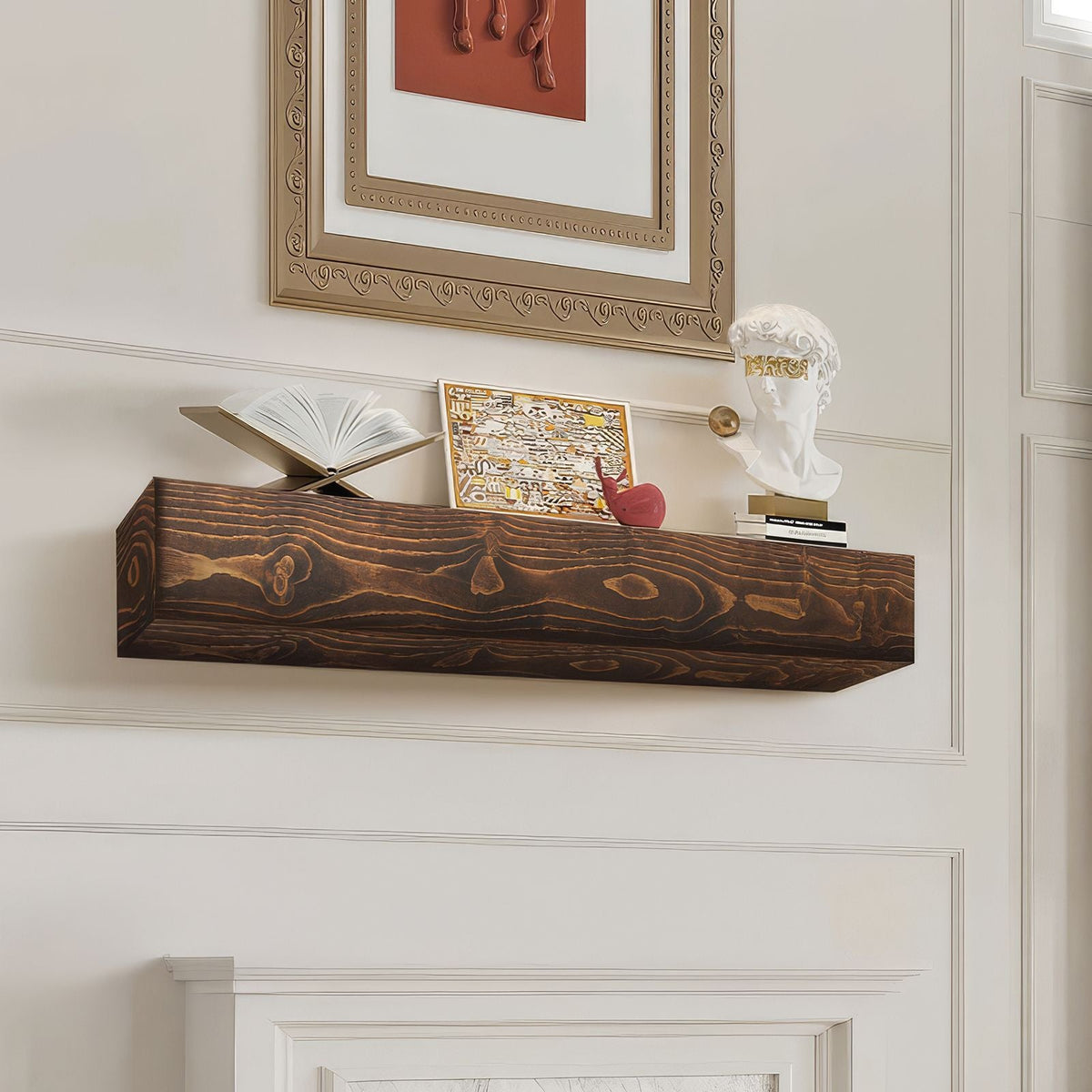 Fireplace Mantel, 84" x 8" x 6", 50 lbs Weight Capacity, Natural Wood Mantel for Over Fireplace, Wall Mounted Floating Farmhouse Shelf, Handcrafted Fireplace Mantel for Wall Decor, Natural Brown
