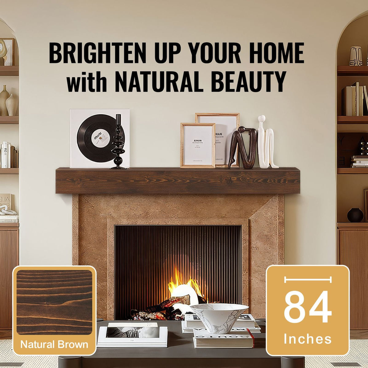 Fireplace Mantel, 84" x 8" x 6", 50 lbs Weight Capacity, Natural Wood Mantel for Over Fireplace, Wall Mounted Floating Farmhouse Shelf, Handcrafted Fireplace Mantel for Wall Decor, Natural Brown