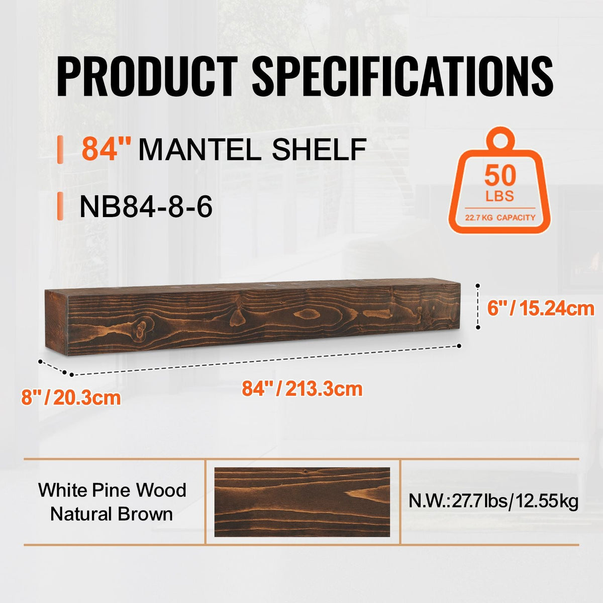 Fireplace Mantel, 84" x 8" x 6", 50 lbs Weight Capacity, Natural Wood Mantel for Over Fireplace, Wall Mounted Floating Farmhouse Shelf, Handcrafted Fireplace Mantel for Wall Decor, Natural Brown