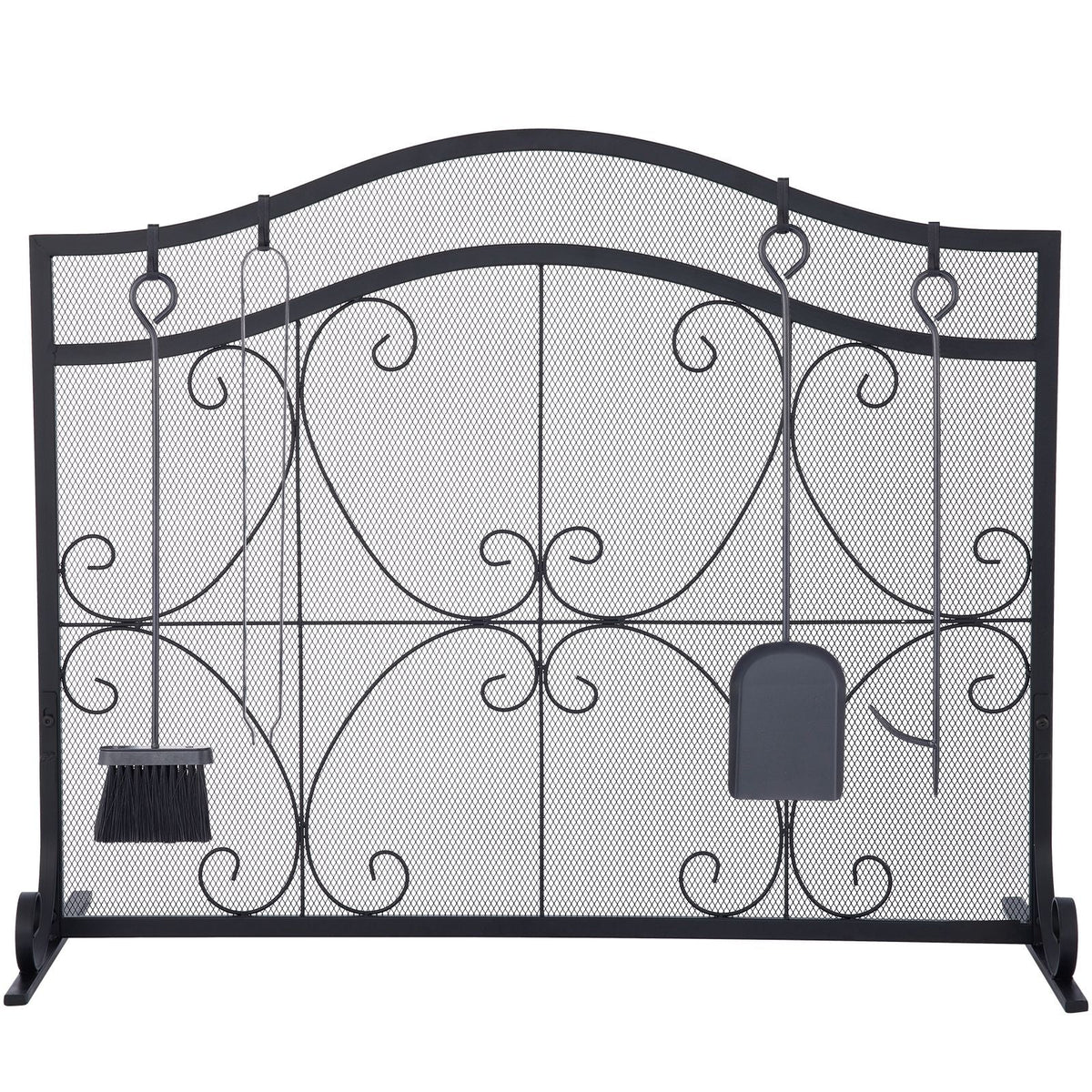 Fireplace Screen, 38 x 26.5 Inch,Heavy Duty Iron Freestanding Spark Guard with Support, Metal Mesh Craft, Broom Tong Shovel Poker Included for Fireplace Decoration & Protection, Black