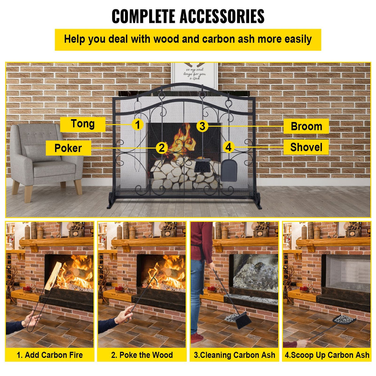 Fireplace Screen, 38 x 26.5 Inch,Heavy Duty Iron Freestanding Spark Guard with Support, Metal Mesh Craft, Broom Tong Shovel Poker Included for Fireplace Decoration & Protection, Black