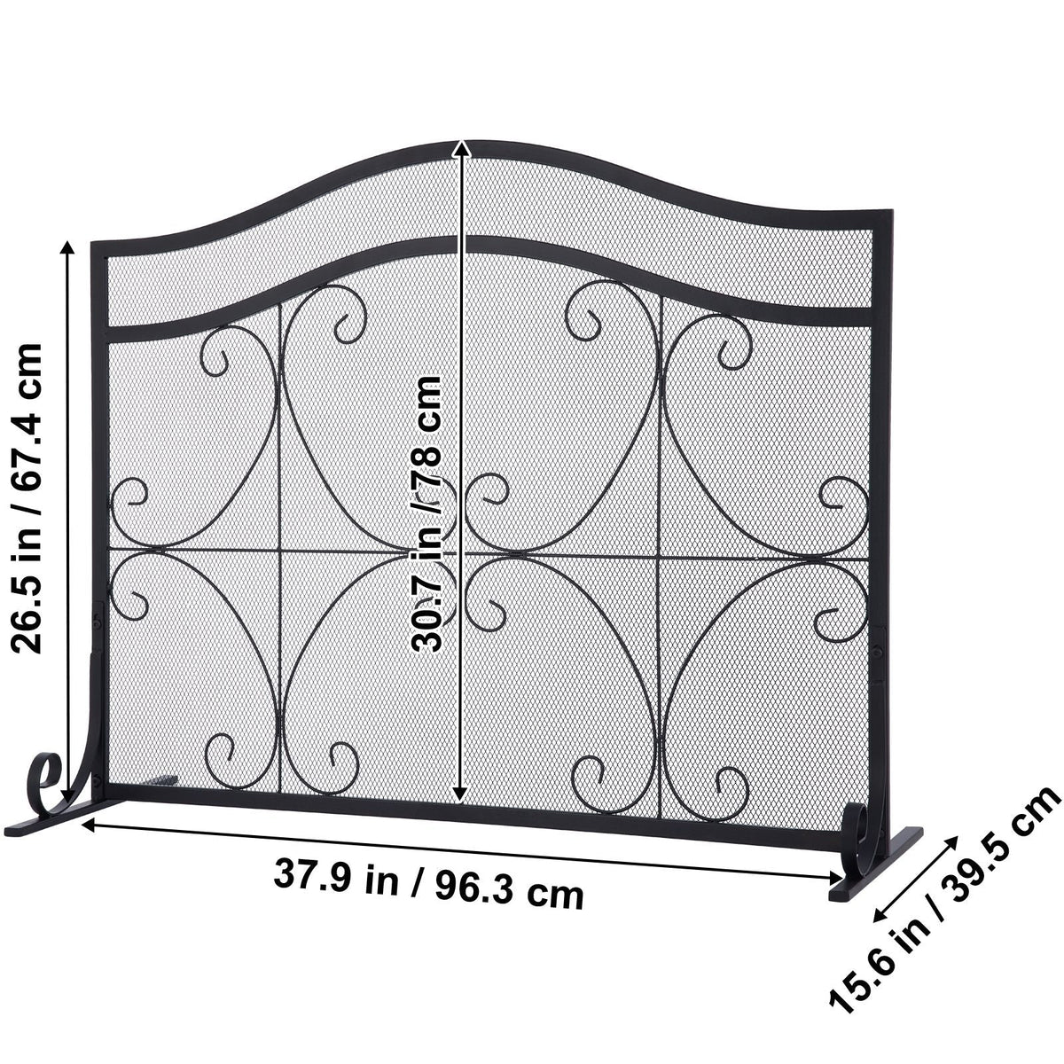 Fireplace Screen, 38 x 26.5 Inch,Heavy Duty Iron Freestanding Spark Guard with Support, Metal Mesh Craft, Broom Tong Shovel Poker Included for Fireplace Decoration & Protection, Black