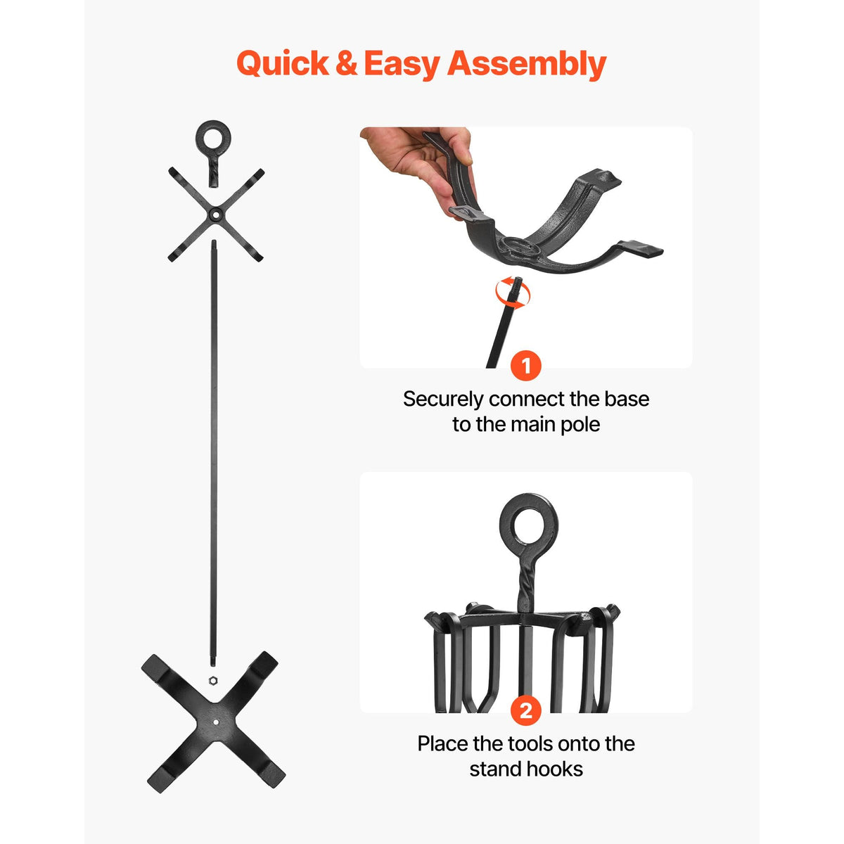 Fireplace Tool Set, 5 PCS Fire Tool Set and Holder with Four-Prong Stand, Tongs, Ash Shovel, Brush, Fire Place Poker, Wrought Iron Fireplace Accessories for Campfire Indoor/Outdoor, Black