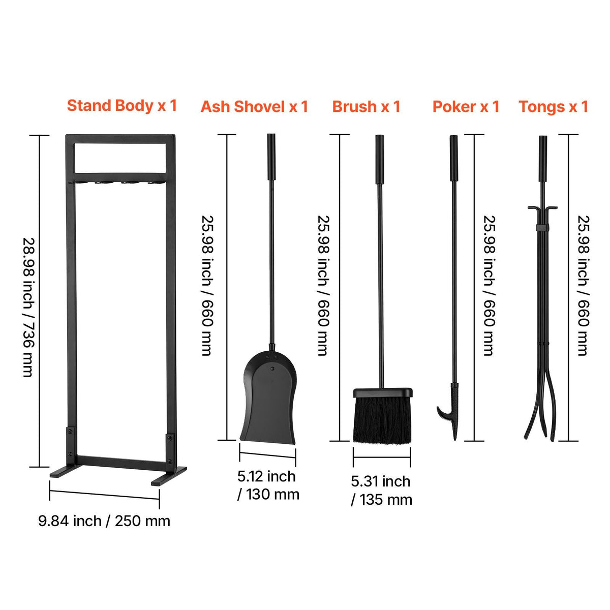 Fireplace Tool Set, 5 PCS Fire Tool Set and Holder with Square-Frame Stand, Tongs, Ash Shovel, Brush, Fire Place Poker, Wrought Iron Steel Fireplace Accessories for Indoor/Outdoor, Black