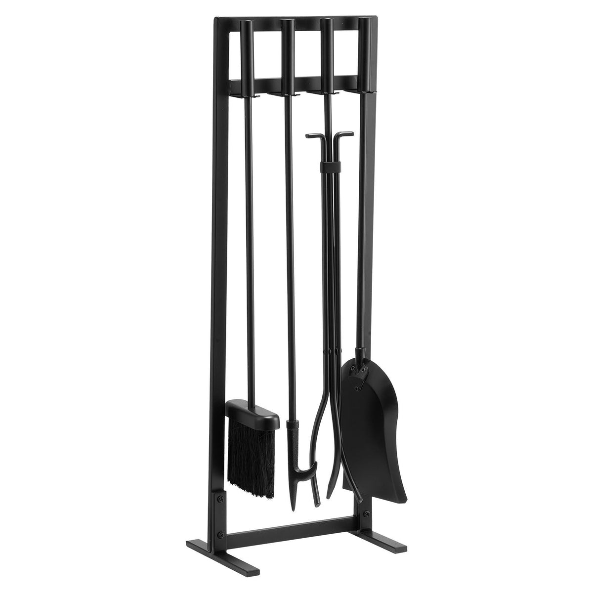 Fireplace Tool Set, 5 PCS Fire Tool Set and Holder with Square-Frame Stand, Tongs, Ash Shovel, Brush, Fire Place Poker, Wrought Iron Steel Fireplace Accessories for Indoor/Outdoor, Black