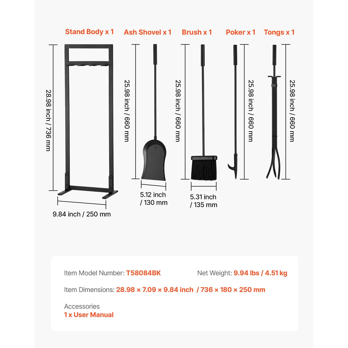 Fireplace Tool Set, 5 PCS Fire Tool Set and Holder with Square-Frame Stand, Tongs, Ash Shovel, Brush, Fire Place Poker, Wrought Iron Steel Fireplace Accessories for Indoor/Outdoor, Black
