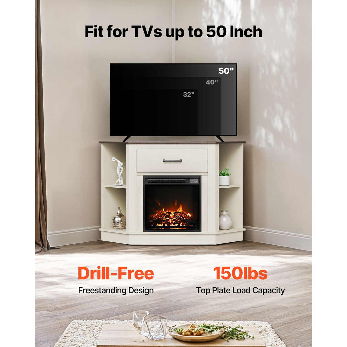 Fireplace TV Stand, Farmhouse Fireplace TV Stand for TVs up to 50 inch, Farmhouse Entertainment Center with 18 inch Fireplace & LED Lights, Electric Fireplaces with Storage Drawers & Cabinets