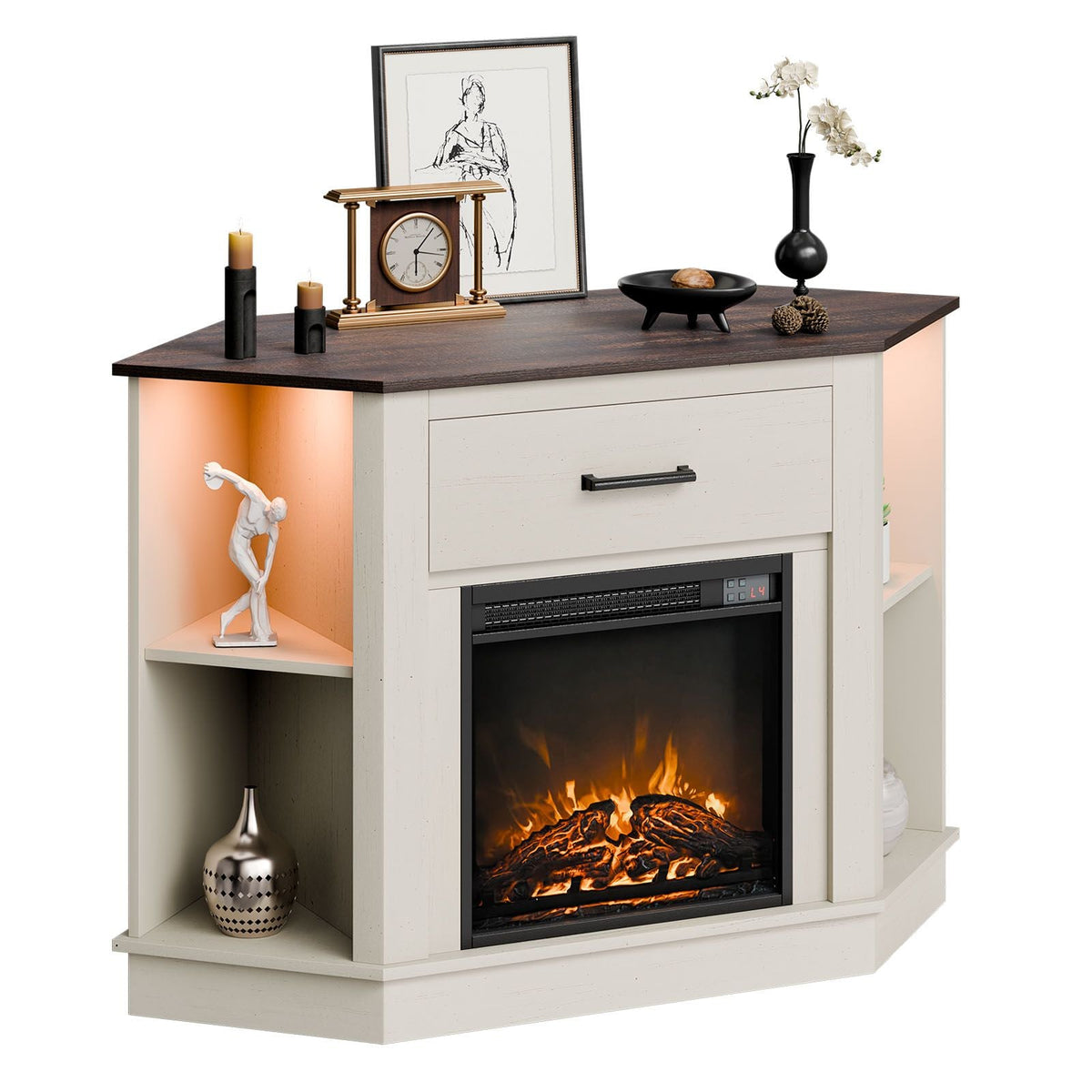 Fireplace TV Stand, Farmhouse Fireplace TV Stand for TVs up to 50 inch, Farmhouse Entertainment Center with 18 inch Fireplace & LED Lights, Electric Fireplaces with Storage Drawers & Cabinets