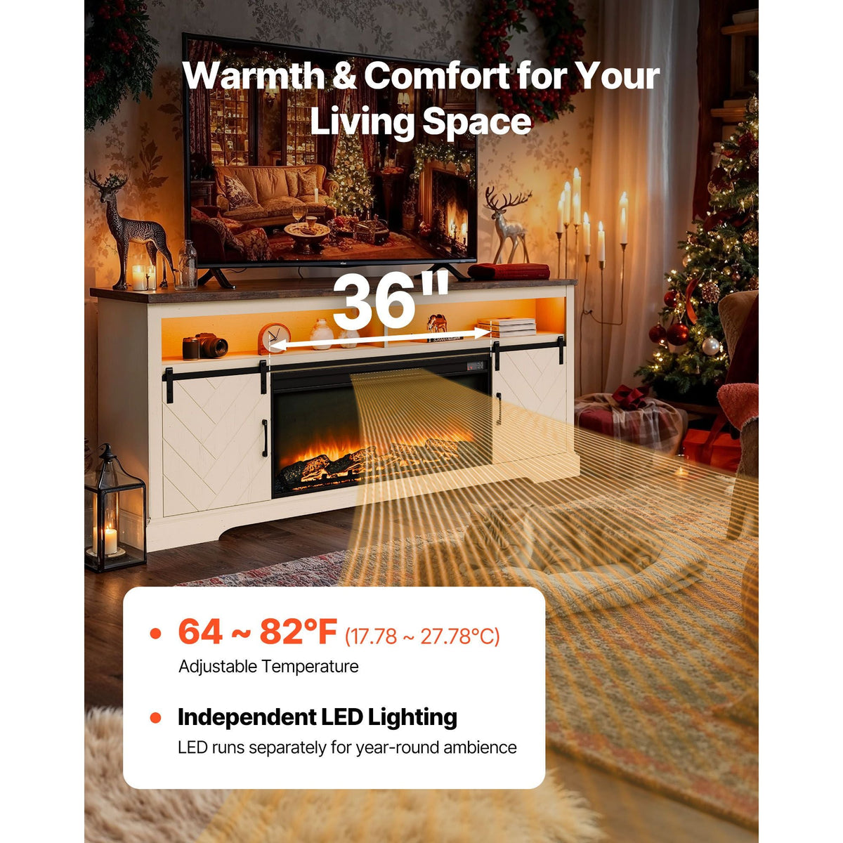Fireplace TV Stand, Farmhouse Fireplace TV Stand for TVs up to 80 inch, Farmhouse Entertainment Center with 36 inch Fireplace & LED Lights, Electric Fireplaces for Living Room Bedroom, White