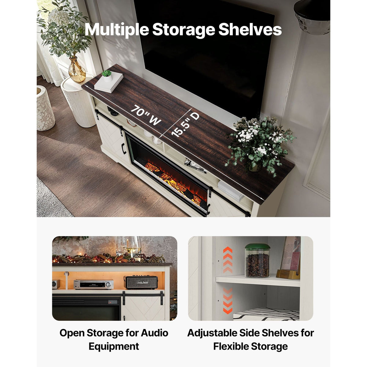 Fireplace TV Stand, Farmhouse Fireplace TV Stand for TVs up to 80 inch, Farmhouse Entertainment Center with 36 inch Fireplace & LED Lights, Electric Fireplaces for Living Room Bedroom, White