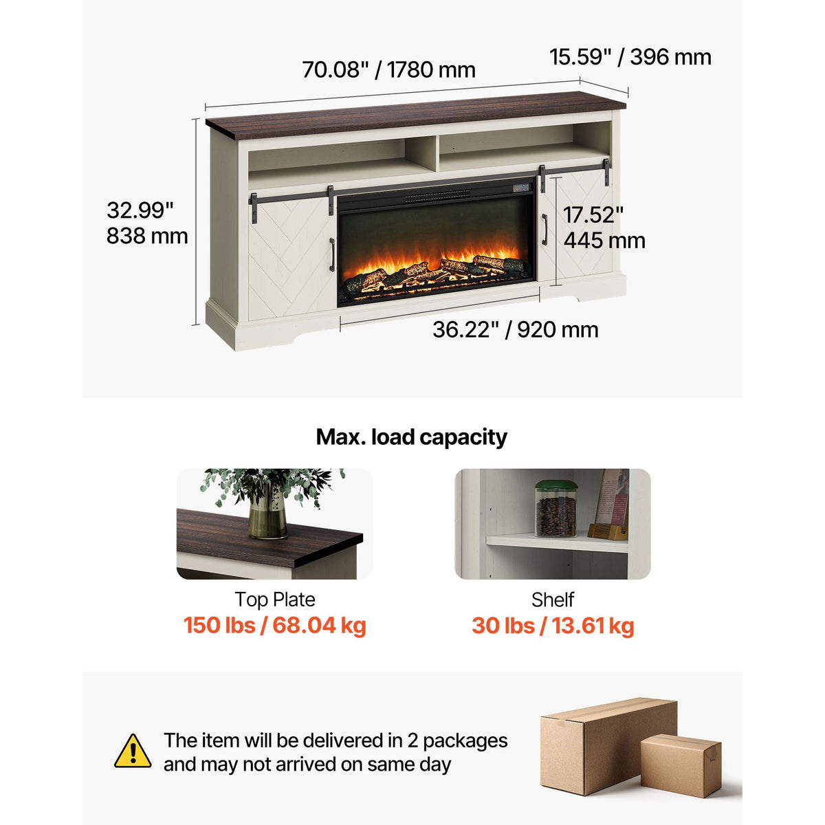 Fireplace TV Stand, Farmhouse Fireplace TV Stand for TVs up to 80 inch, Farmhouse Entertainment Center with 36 inch Fireplace & LED Lights, Electric Fireplaces for Living Room Bedroom, White