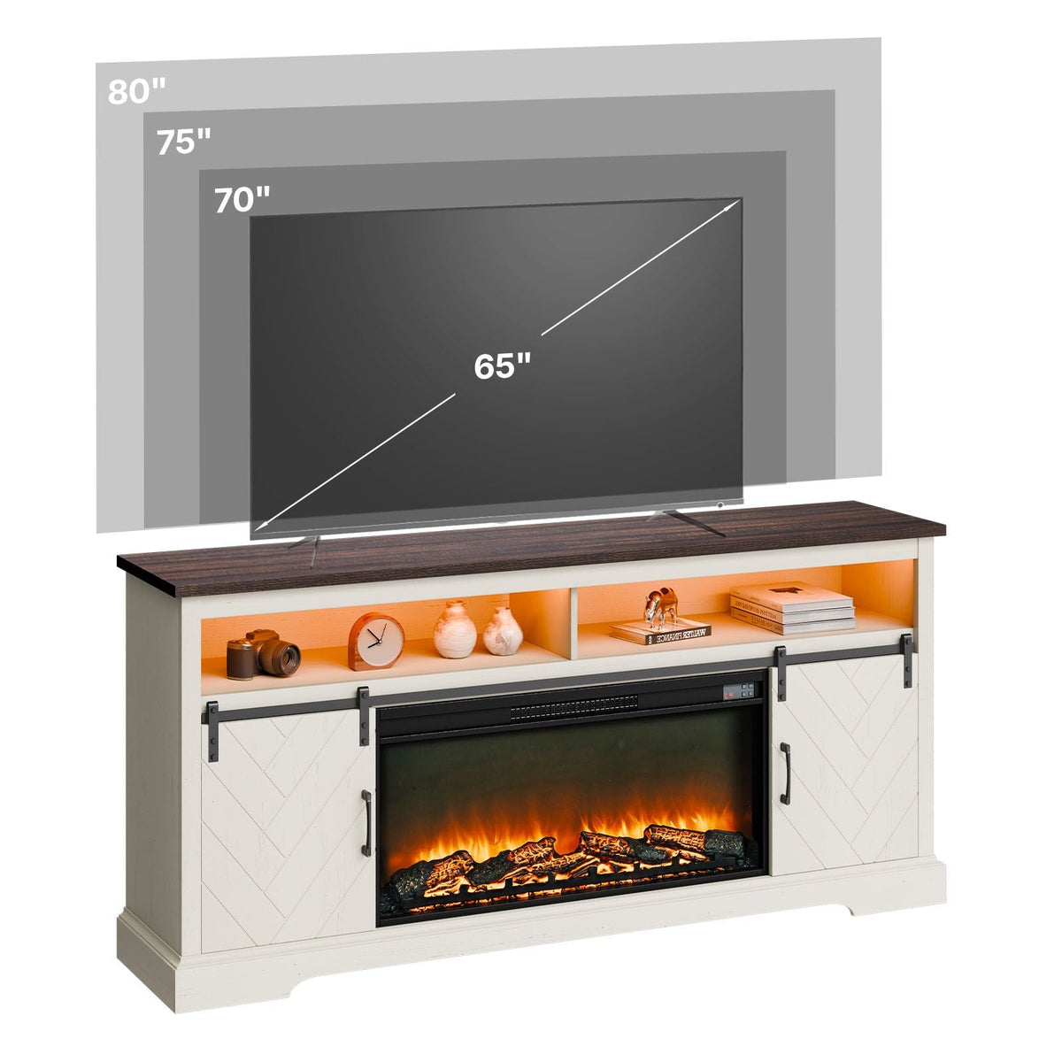 Fireplace TV Stand, Farmhouse Fireplace TV Stand for TVs up to 80 inch, Farmhouse Entertainment Center with 36 inch Fireplace & LED Lights, Electric Fireplaces for Living Room Bedroom, White
