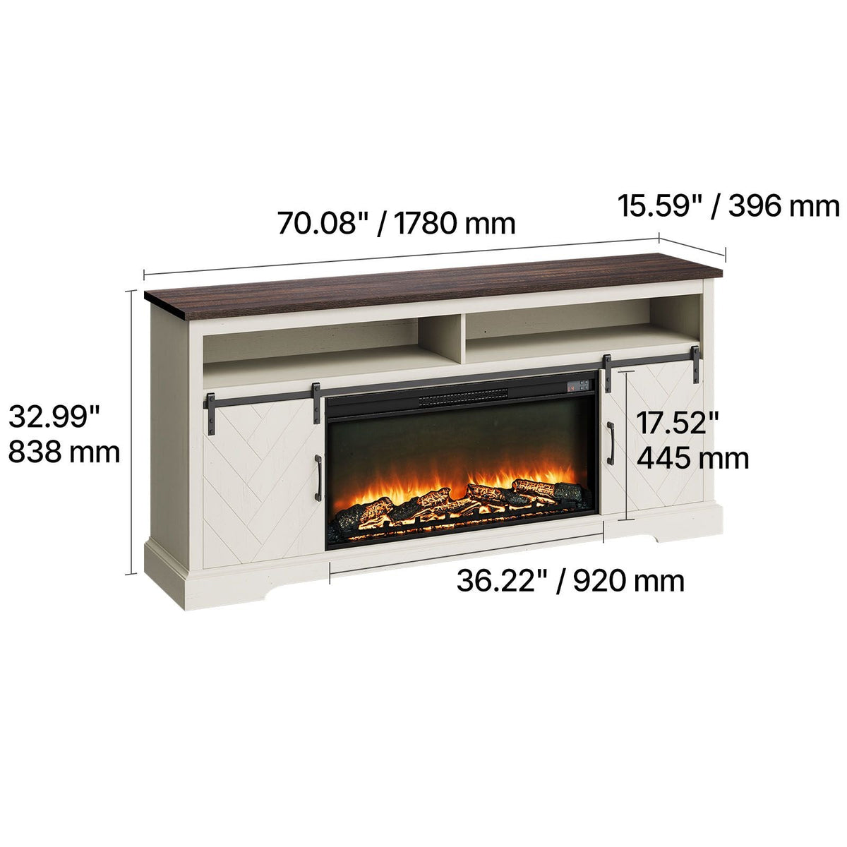 Fireplace TV Stand, Farmhouse Fireplace TV Stand for TVs up to 80 inch, Farmhouse Entertainment Center with 36 inch Fireplace & LED Lights, Electric Fireplaces for Living Room Bedroom, White