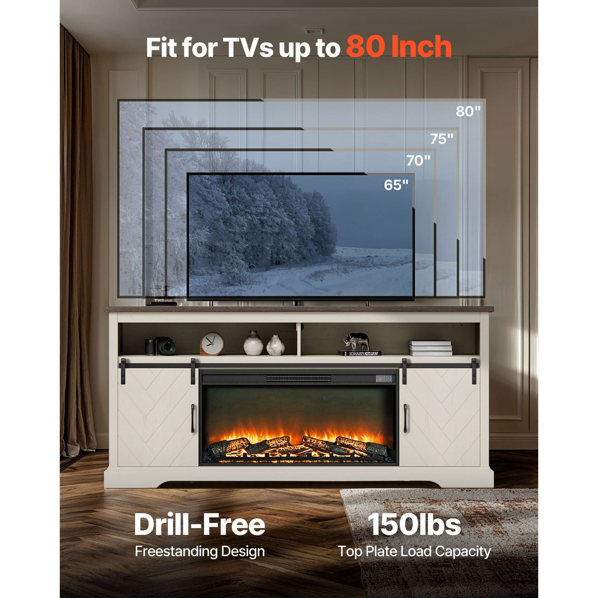 Fireplace TV Stand, Farmhouse Fireplace TV Stand for TVs up to 80 inch, Farmhouse Entertainment Center with 36 inch Fireplace & LED Lights, Electric Fireplaces for Living Room Bedroom, White