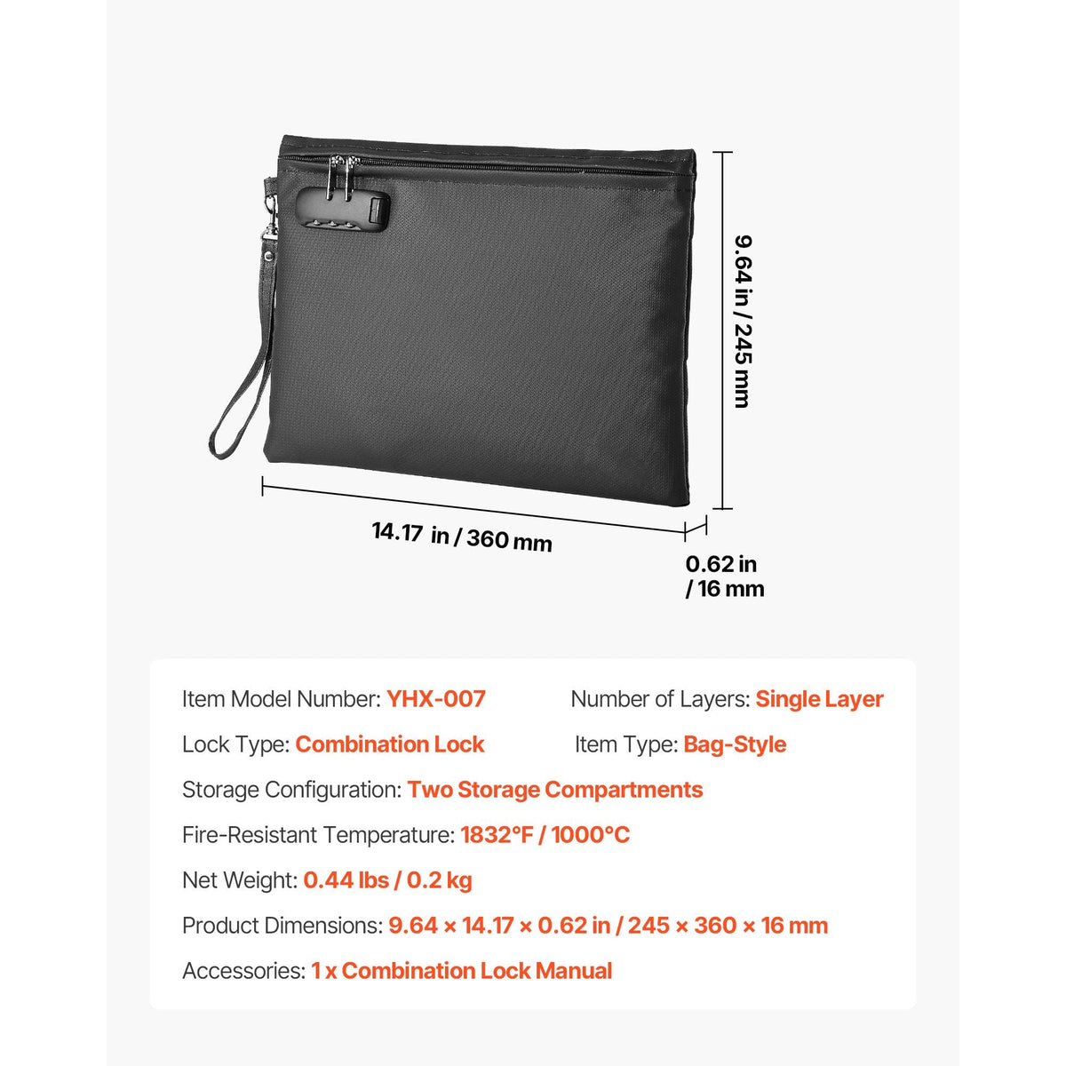 Fireproof Document Bag, 1832 Fahrenheit Heat Insulated Fireproof & Waterproof Bag with Lock, Portable File Storage Security Organizer Home Office Use, for Passports, Important Documents & Files