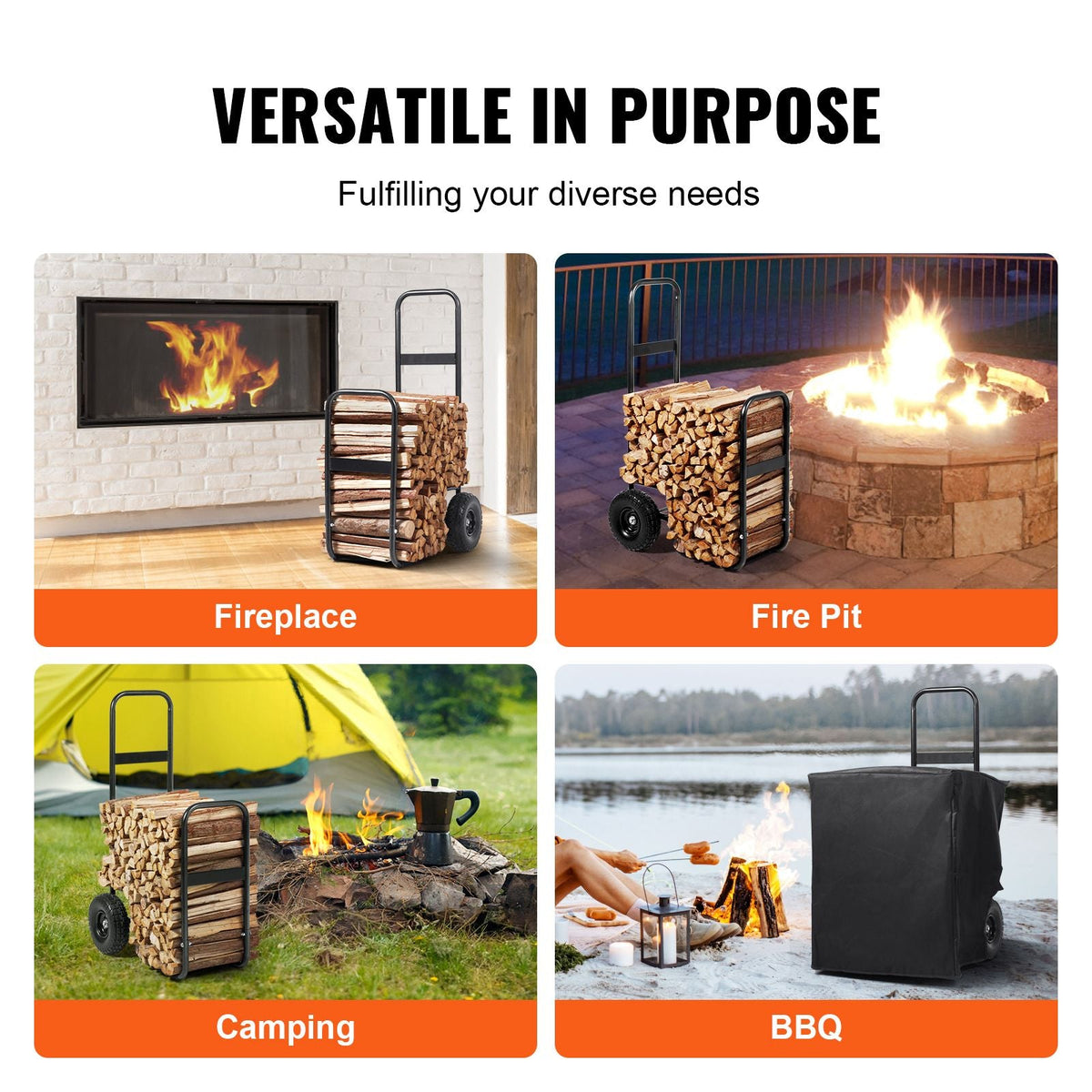 Firewood Log Cart, 250 lbs Capacity, Outdoor and Indoor Wood Rack Storage Mover with PU Wheels & Waterproof Cloth, Heavy Duty Steel Dolly Hauler, Firewood Carrier for Fireplace, Fire Pit, Black