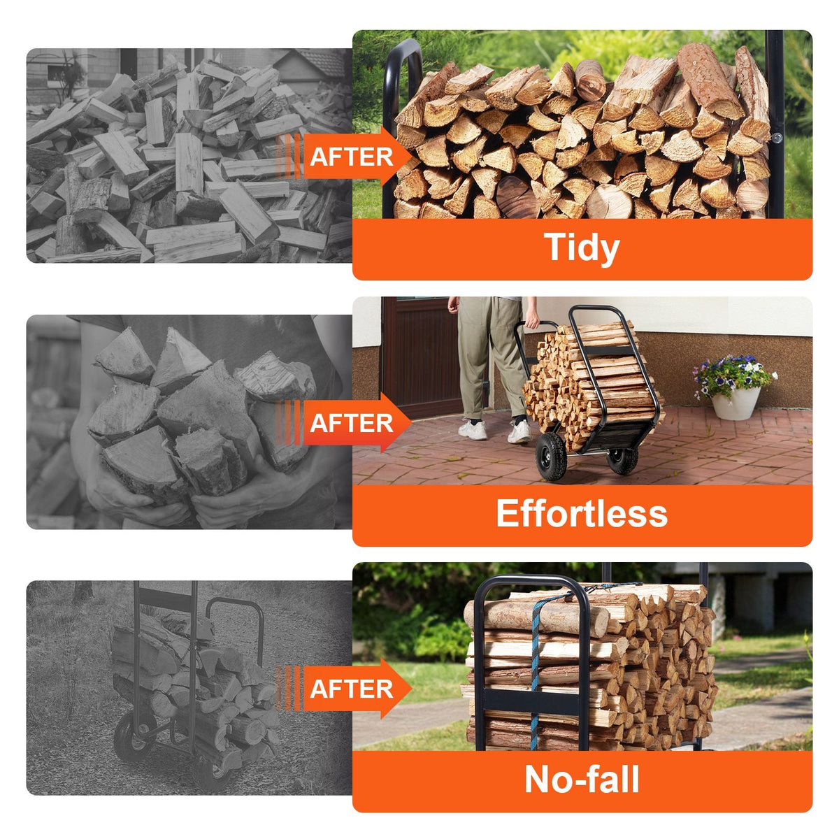 Firewood Log Cart, 250 lbs Capacity, Outdoor and Indoor Wood Rack Storage Mover with PU Wheels & Waterproof Cloth, Heavy Duty Steel Dolly Hauler, Firewood Carrier for Fireplace, Fire Pit, Black