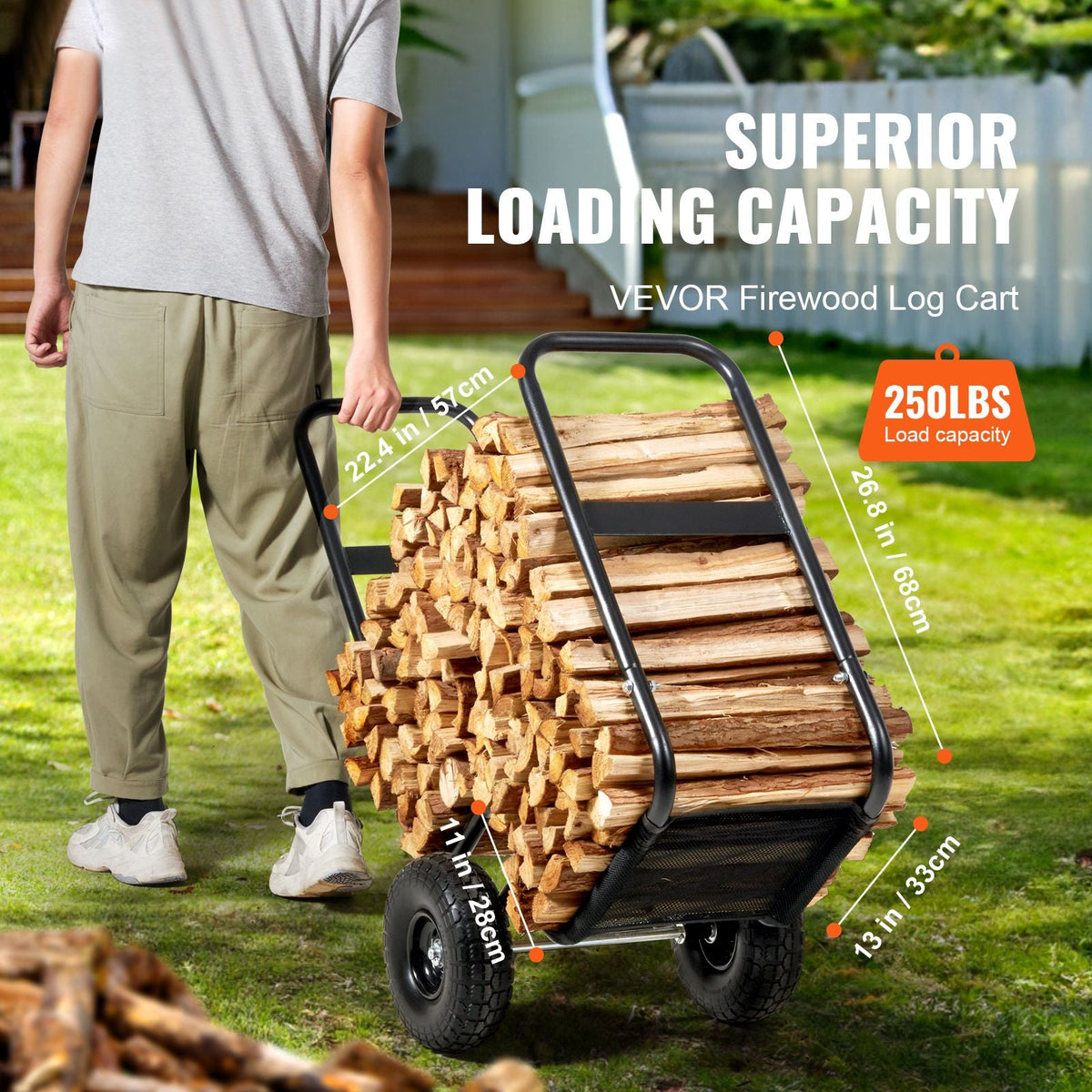 Firewood Log Cart, 250 lbs Capacity, Outdoor and Indoor Wood Rack Storage Mover with PU Wheels & Waterproof Cloth, Heavy Duty Steel Dolly Hauler, Firewood Carrier for Fireplace, Fire Pit, Black