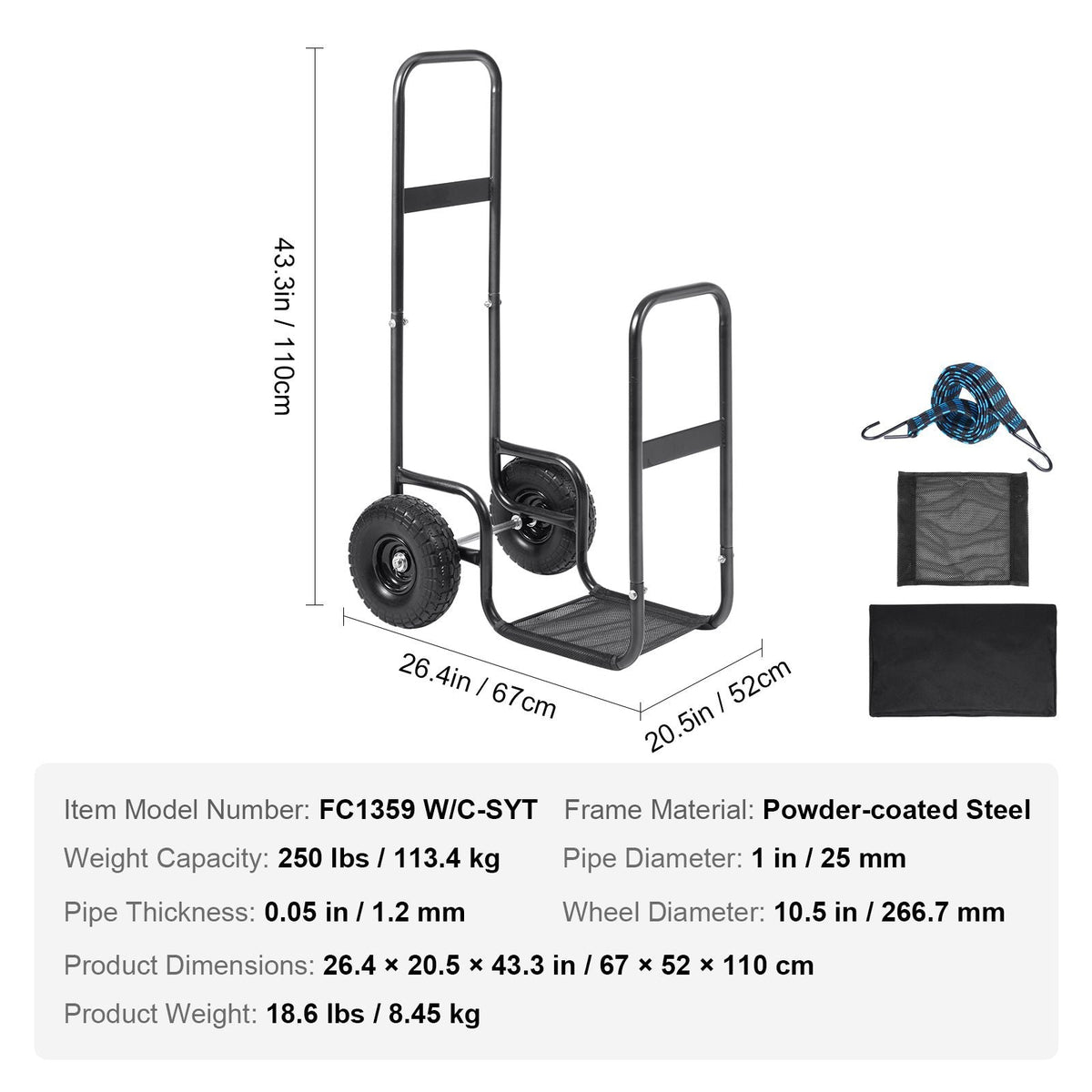 Firewood Log Cart, 250 lbs Capacity, Outdoor and Indoor Wood Rack Storage Mover with PU Wheels & Waterproof Cloth, Heavy Duty Steel Dolly Hauler, Firewood Carrier for Fireplace, Fire Pit, Black