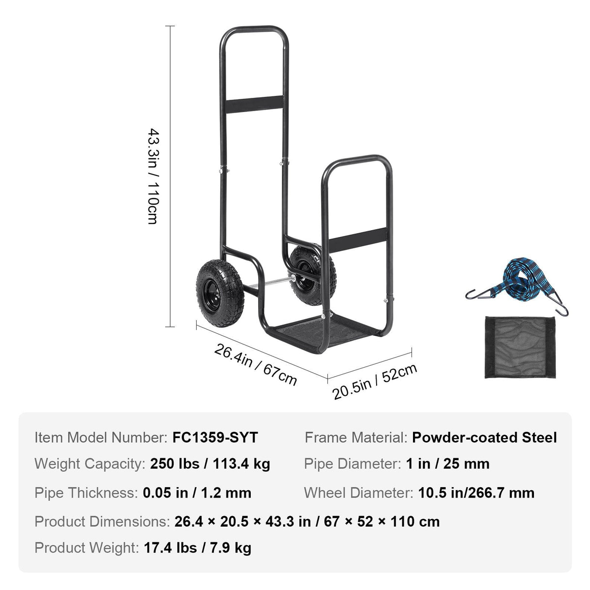 Firewood Log Cart, 250 lbs Load Capacity, Outdoor and Indoor Wood Rack Storage Mover with Pneumatic Rubber Wheels, Heavy Duty Steel Dolly Hauler, Firewood Carrier for Fireplace, Fire Pit, Black